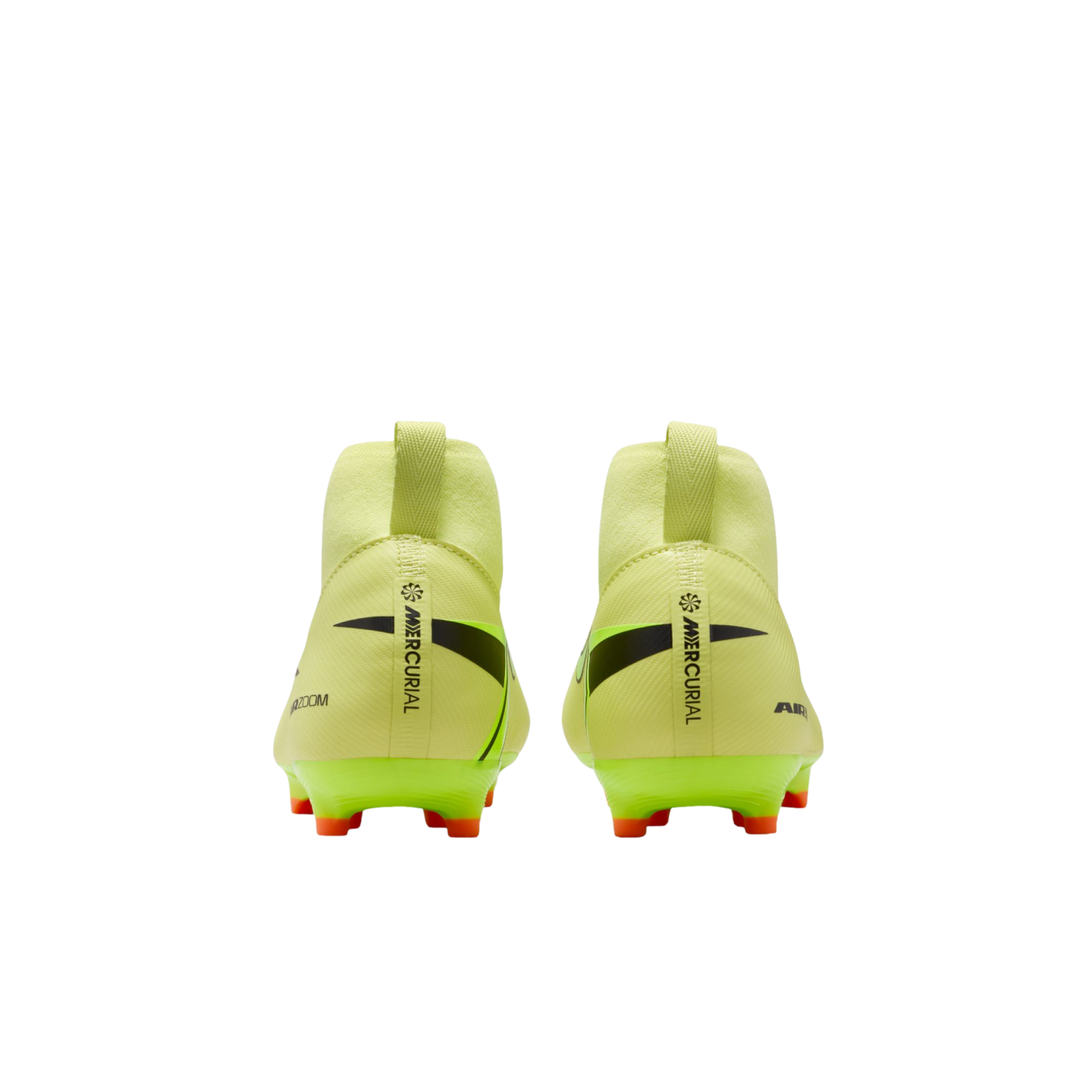 Rear view of lime green Nike Mercurial soccer cleats with orange-tipped studs on a black background.
