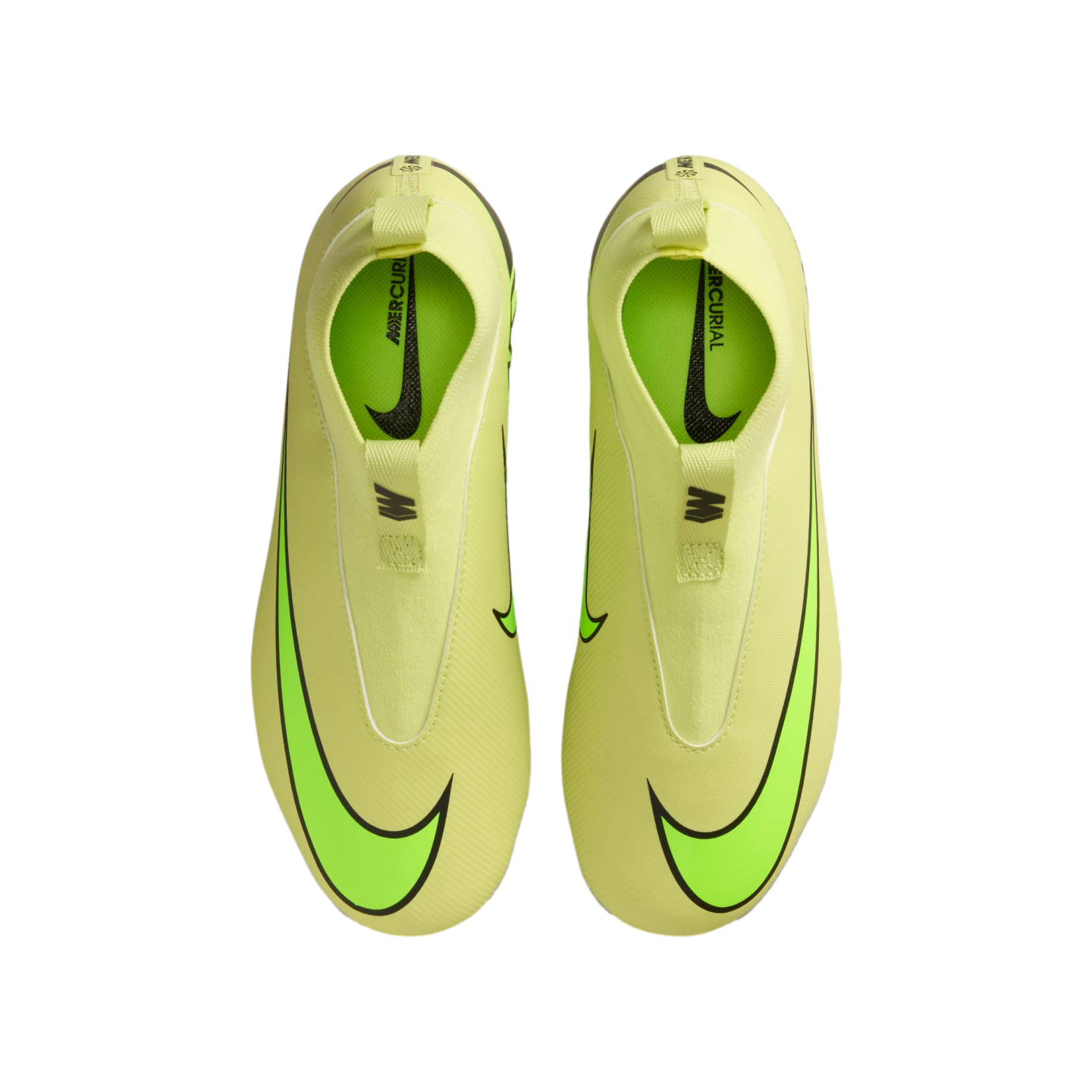 Top-down view of bright lime green laceless Nike Mercurial soccer boots on a black background, featuring large neon green Nike swooshes near the toes.