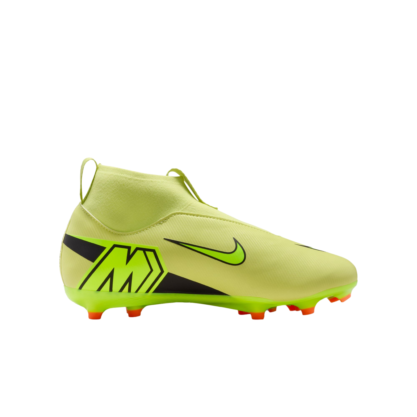 Profile of a lime-green Nike Mercurial soccer cleat with a black "M" logo and orange studs against a black background.