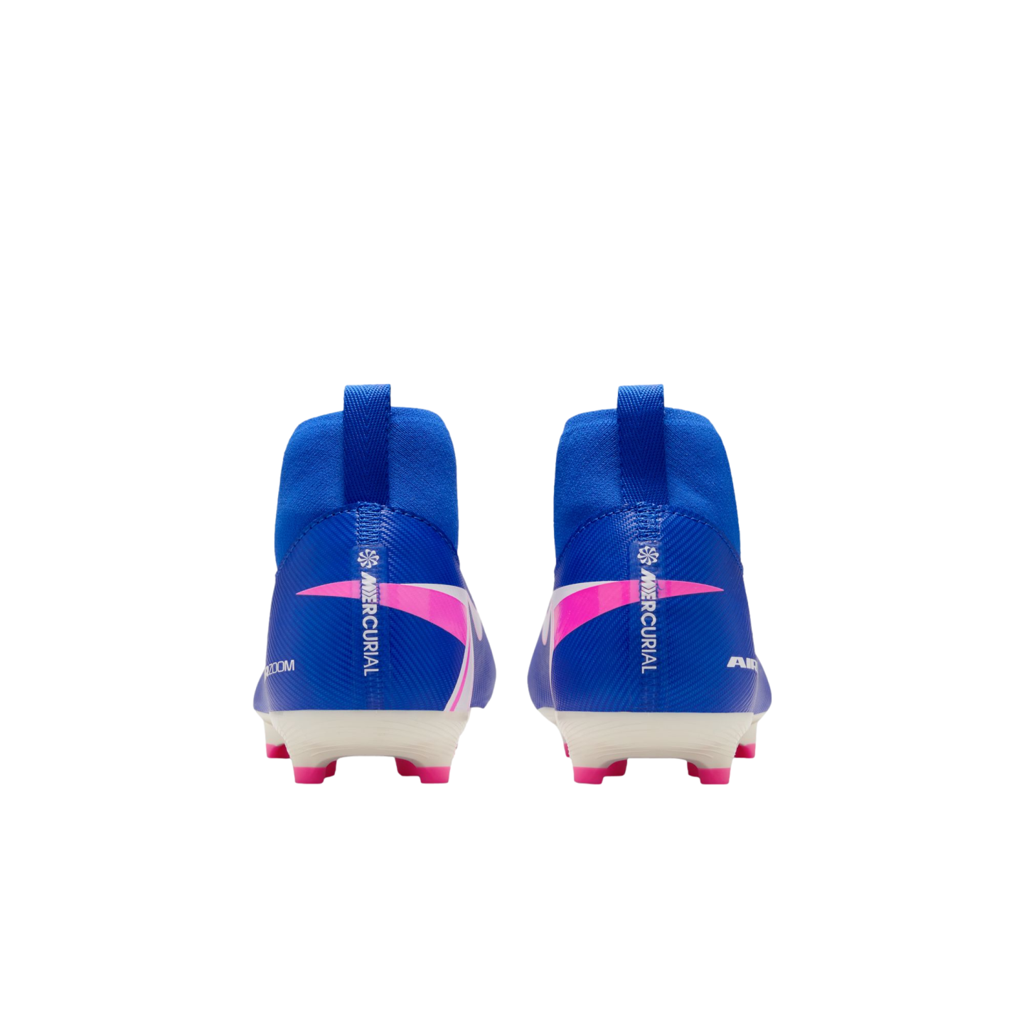 Rear view of vibrant blue high-top Nike Mercurial soccer cleats with pink accents and white soles against a black background.