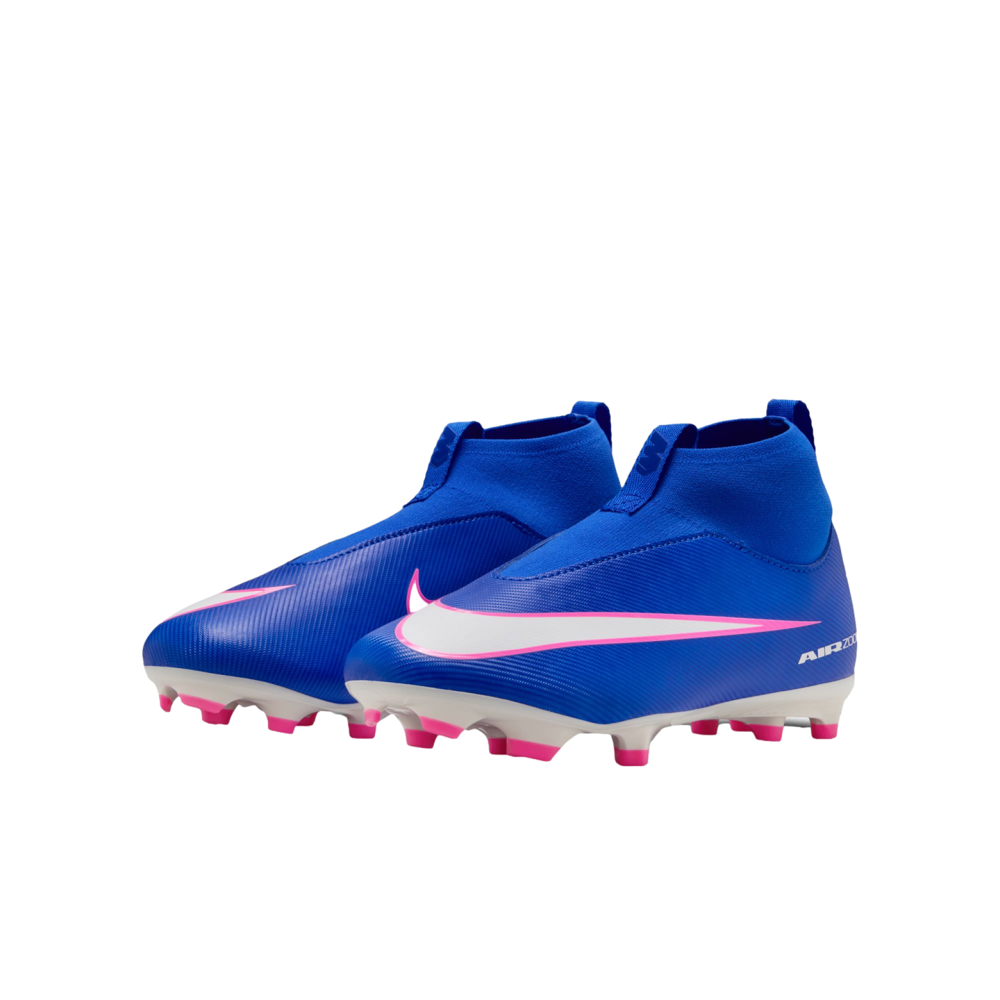 Pair of blue Nike high-top soccer cleats with white swooshes outlined in pink and bright pink studs on a black background.