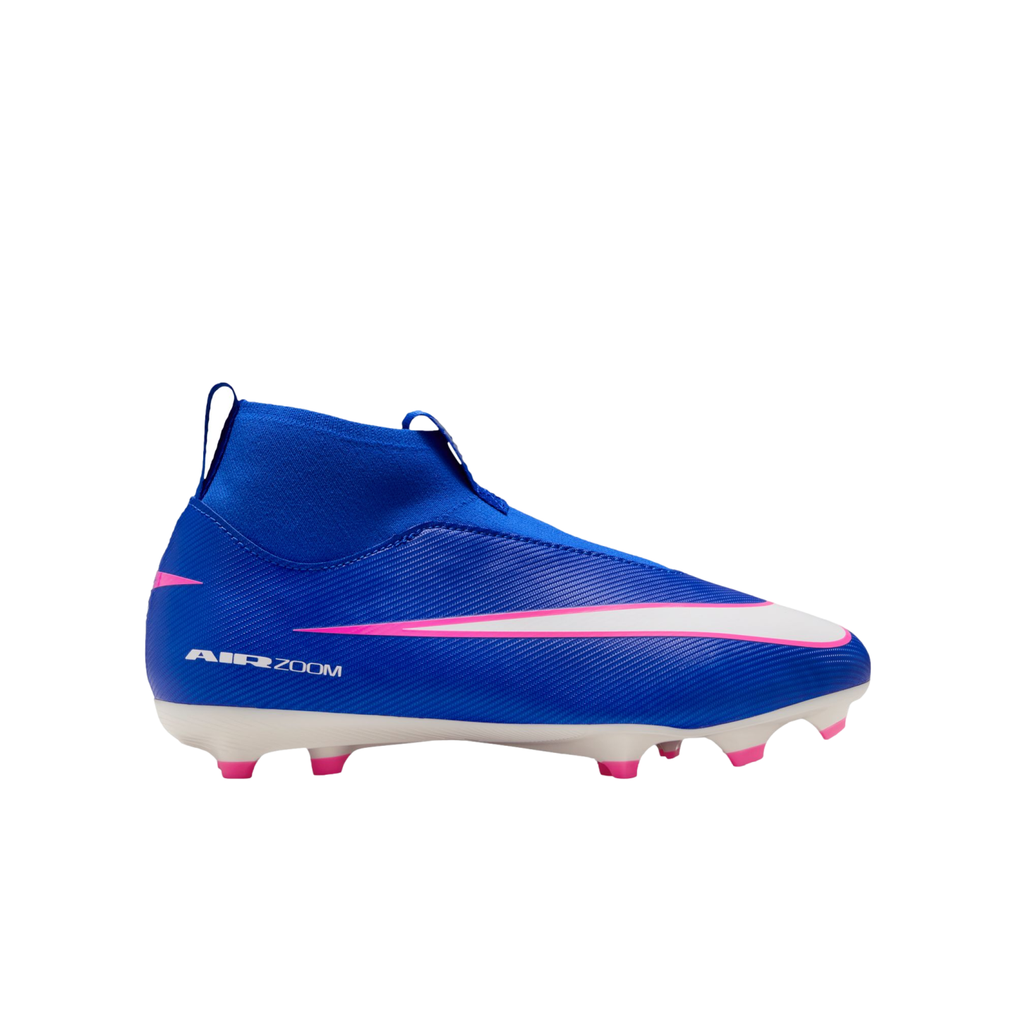 Side view of a blue Nike Air Zoom soccer cleat with a pink and white swoosh, high-top collar, and pink studs on a white sole, isolated against a black background.