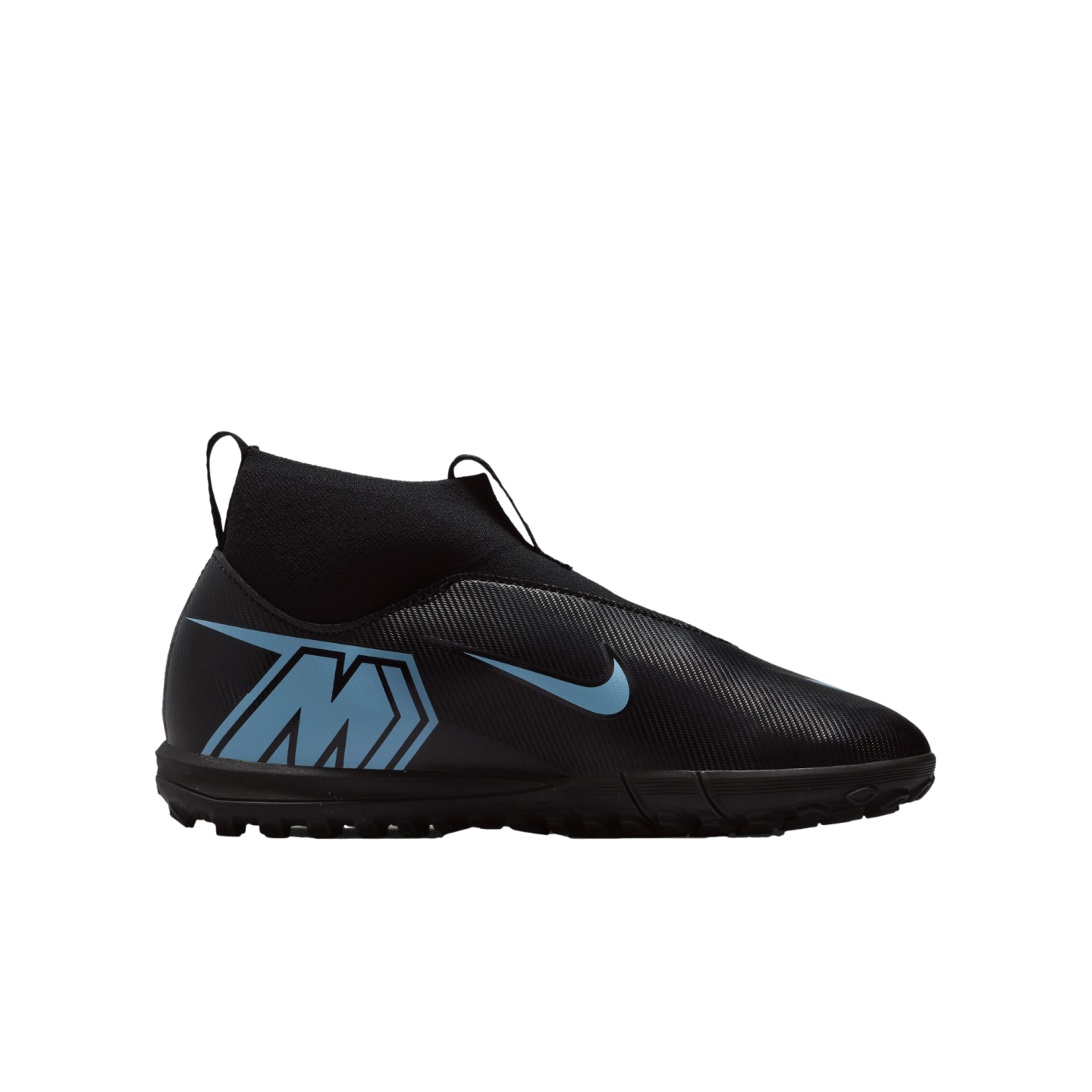 Side profile of a black laceless Nike Mercurial soccer shoe with light blue "M" and swoosh logos, featuring a high-top sock-like ankle collar.