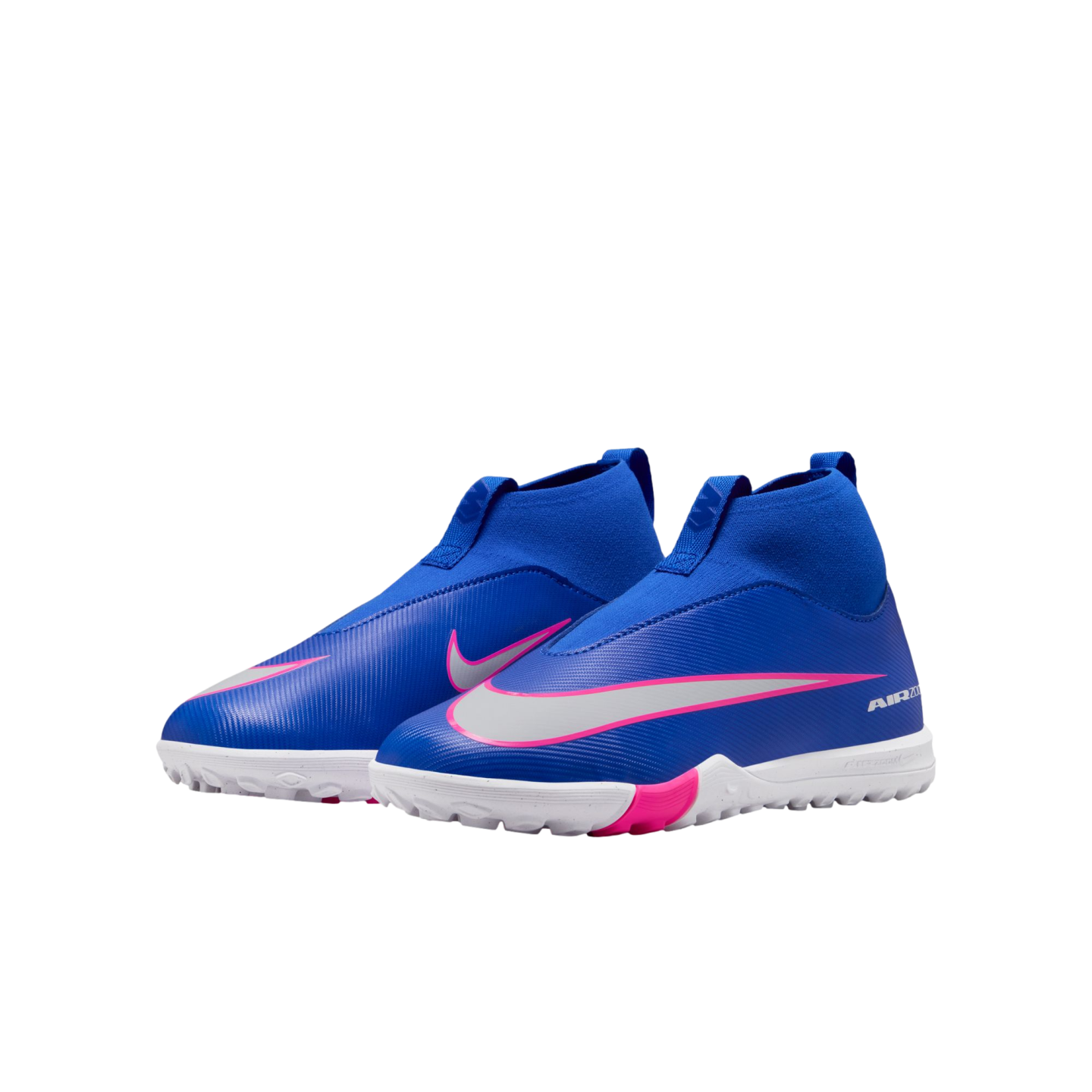 A pair of bright blue Nike Air Zoom soccer turf shoes with pink accents, silver Swooshes, and white soles, set against a black background.