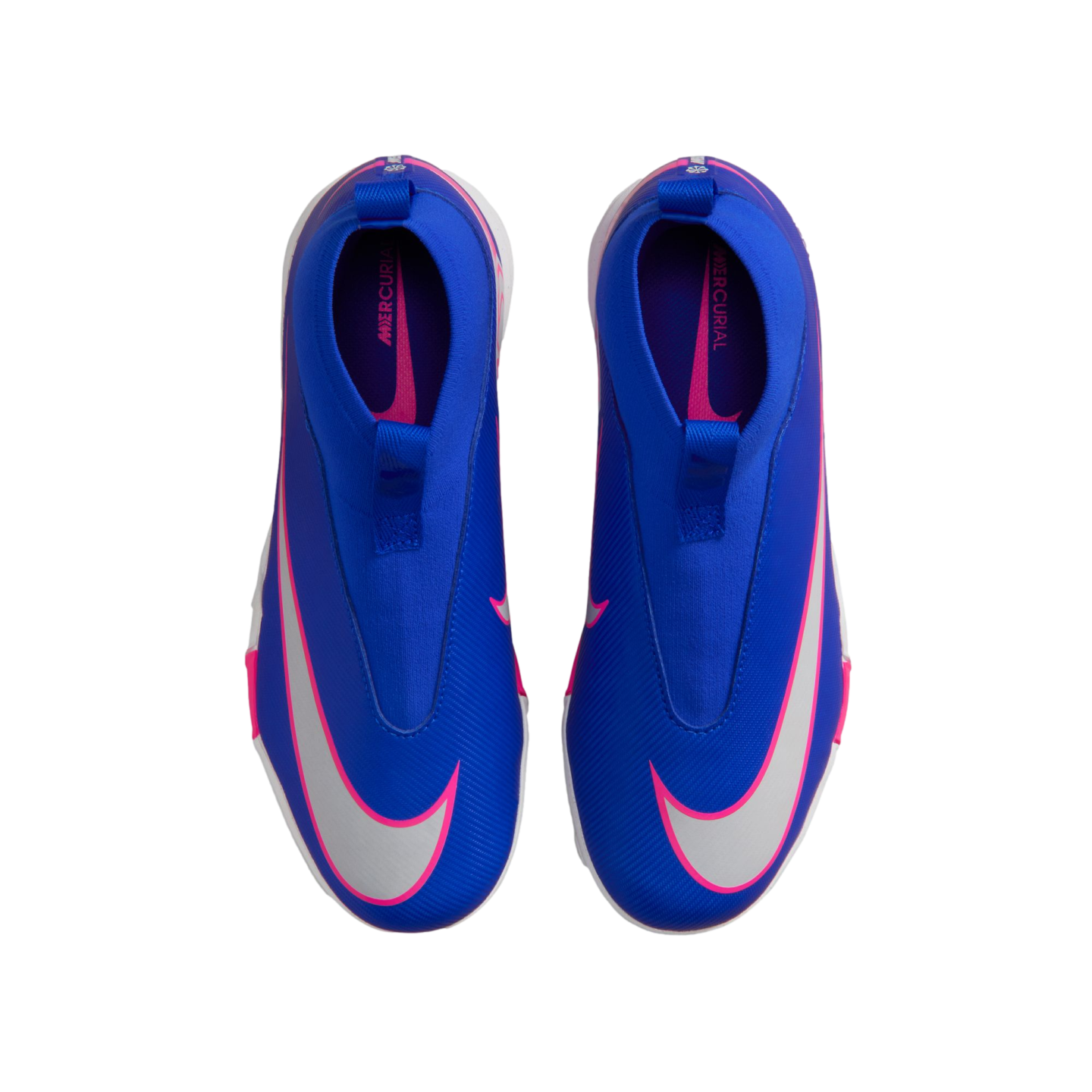 Top-down view of blue Nike Mercurial soccer shoes featuring pink accents and large silver swooshes.
