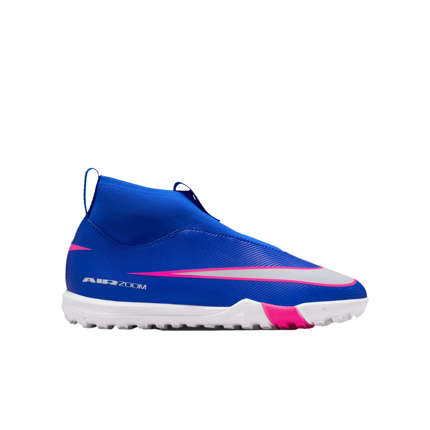 Blue and pink Nike Air Zoom soccer shoe with a laceless high-top design and white turf outsole.