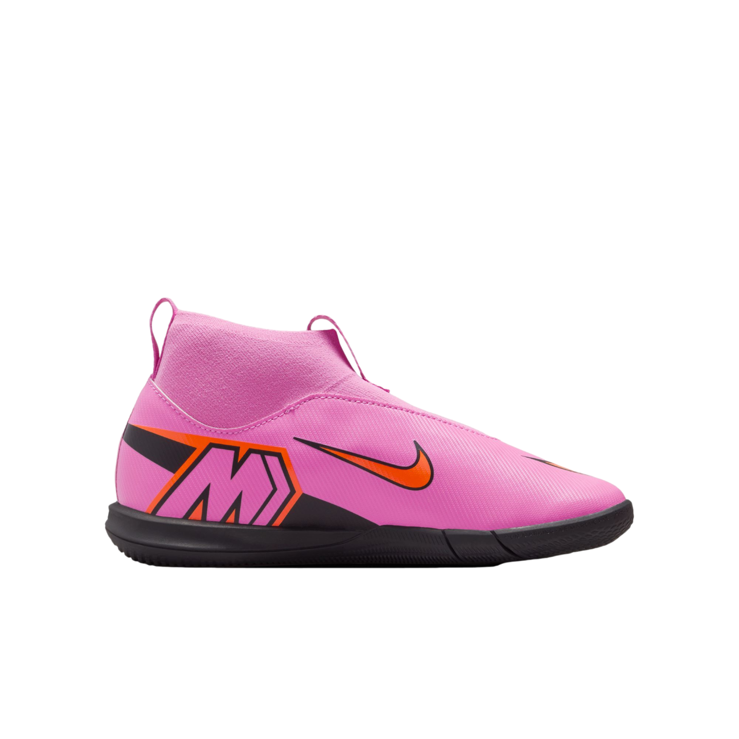 Pink Nike Mercurial indoor soccer shoe with high-top collar, orange swoosh, and black sole against a black background.