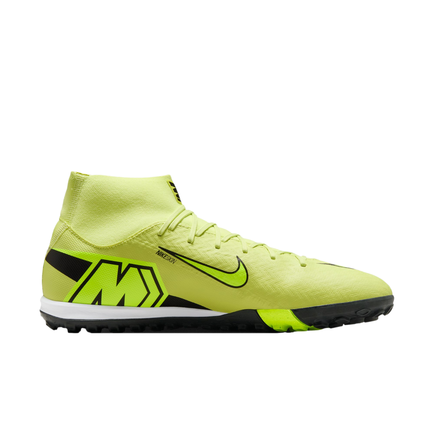 A neon yellow Nike Mercurial turf soccer shoe with a high-top collar and a large "M" logo on the heel, shown from the side against a black background.