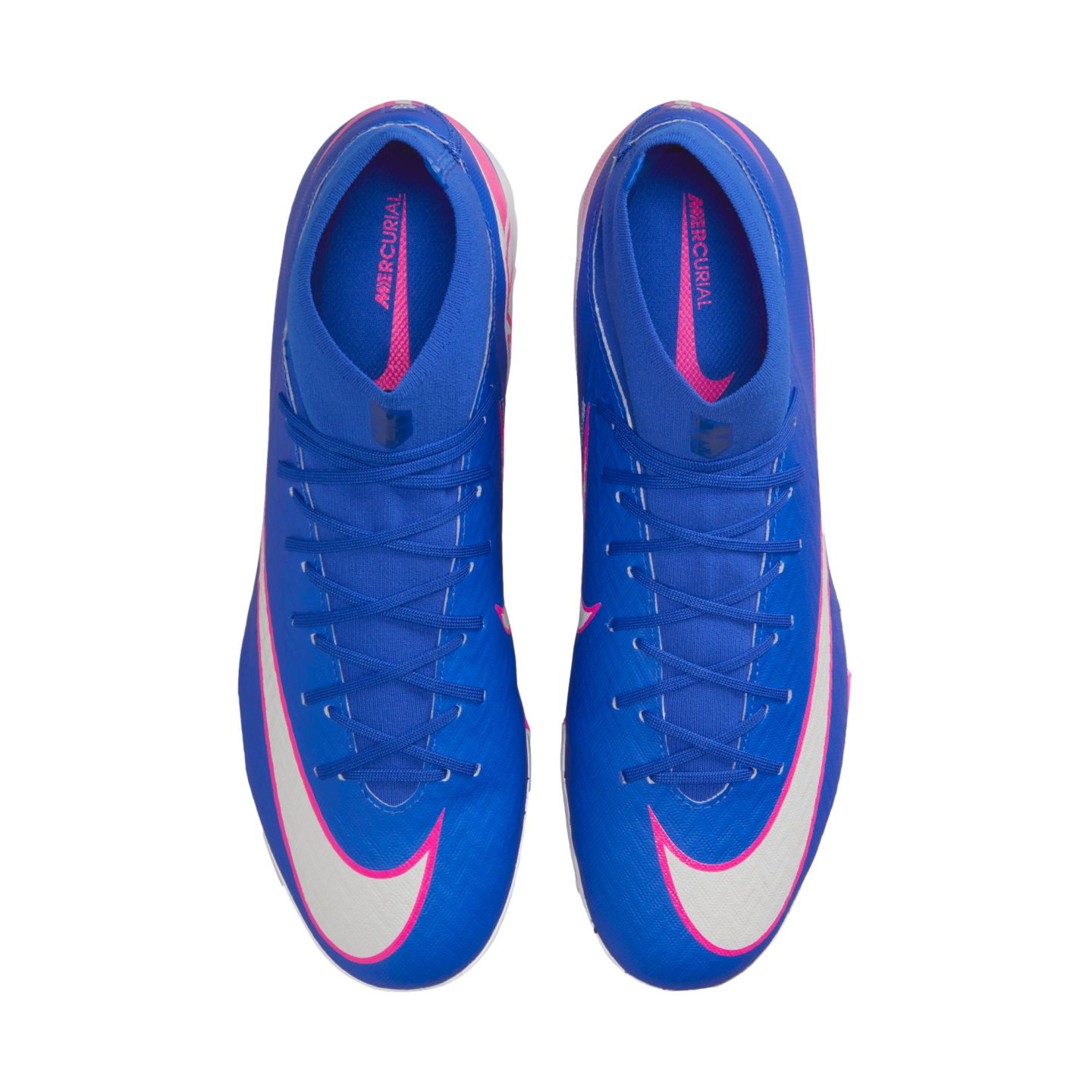 Top-down view of blue Nike Mercurial soccer cleats with white swooshes and pink accents on a black background.