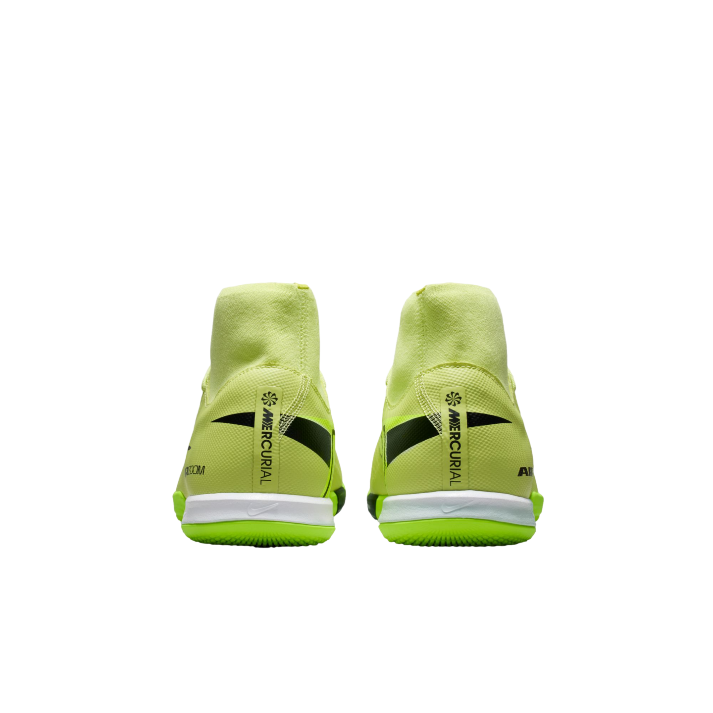 Rear view of neon yellow Nike Mercurial indoor soccer shoes featuring high-top collars and black branding on the heels, set against a black background.