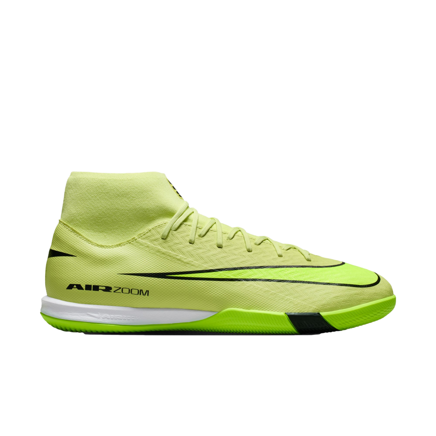 Neon green Nike Air Zoom indoor soccer shoe featuring a high-top collar and black swoosh.