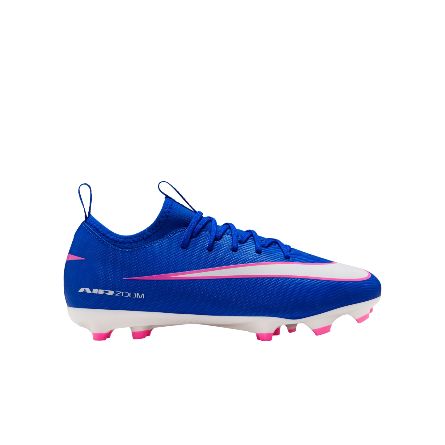 A royal blue Nike Air Zoom soccer cleat with pink and white accents and pink-tipped studs against a black background.