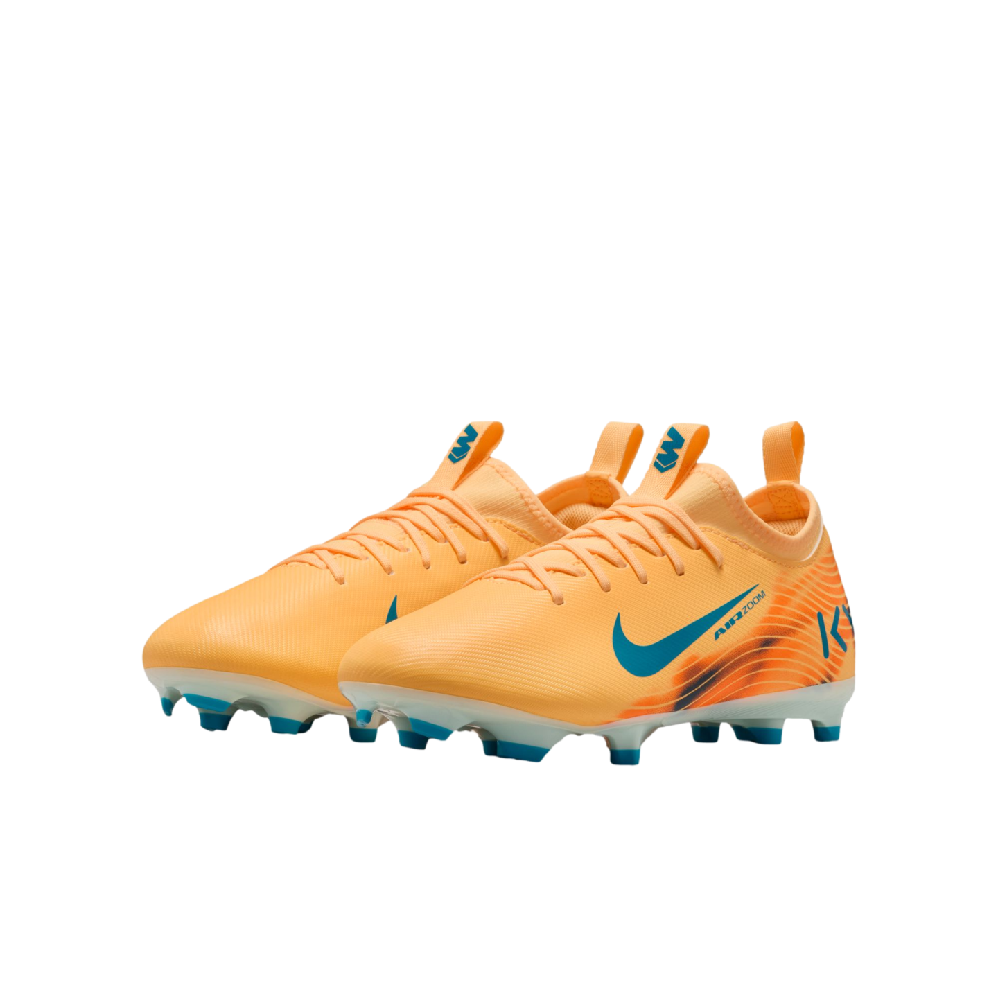 A pair of orange Nike Air Zoom soccer cleats with blue accents and studs, set against a black background.