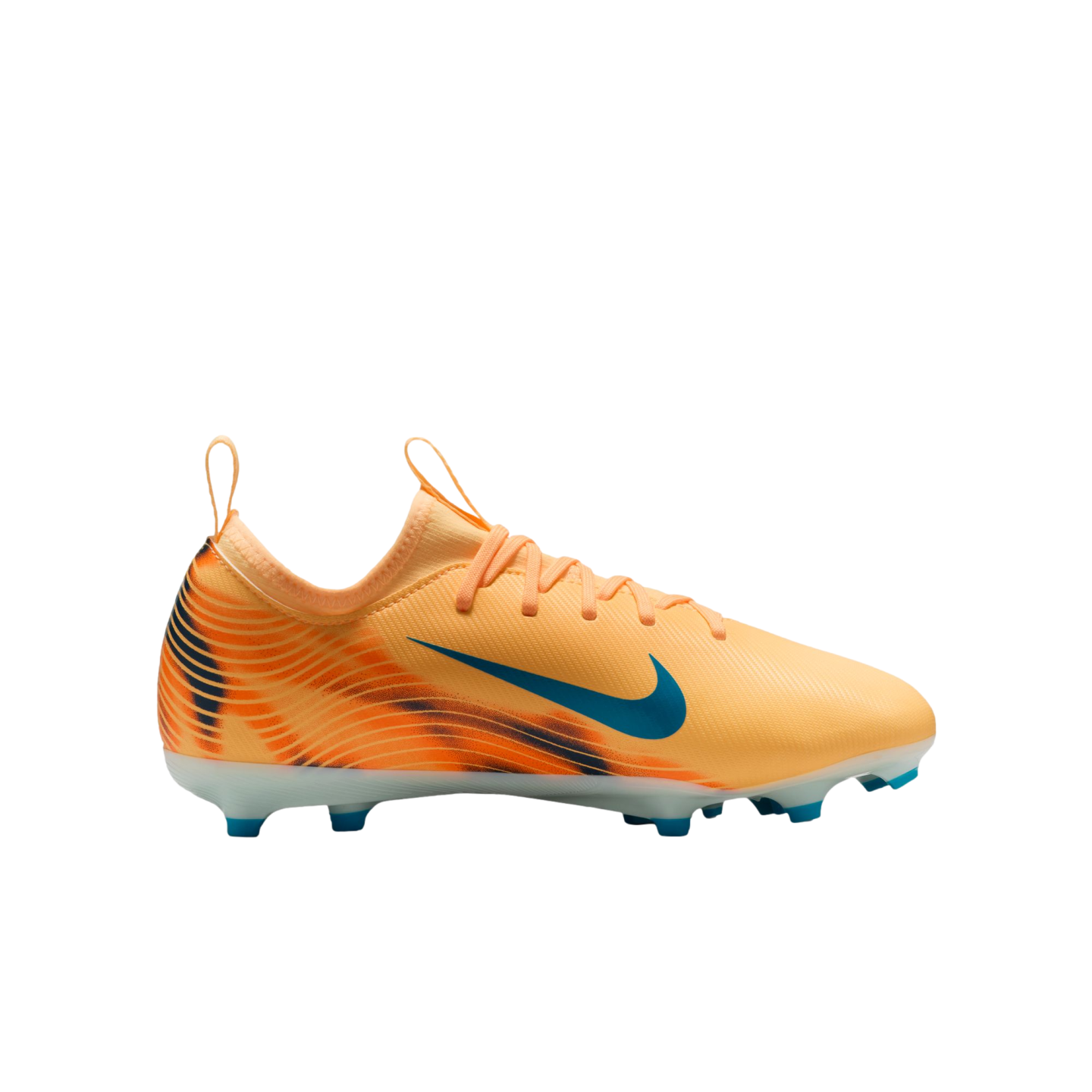 Side view of an orange Nike soccer cleat with a blue swoosh and a patterned heel, displayed against a black background.