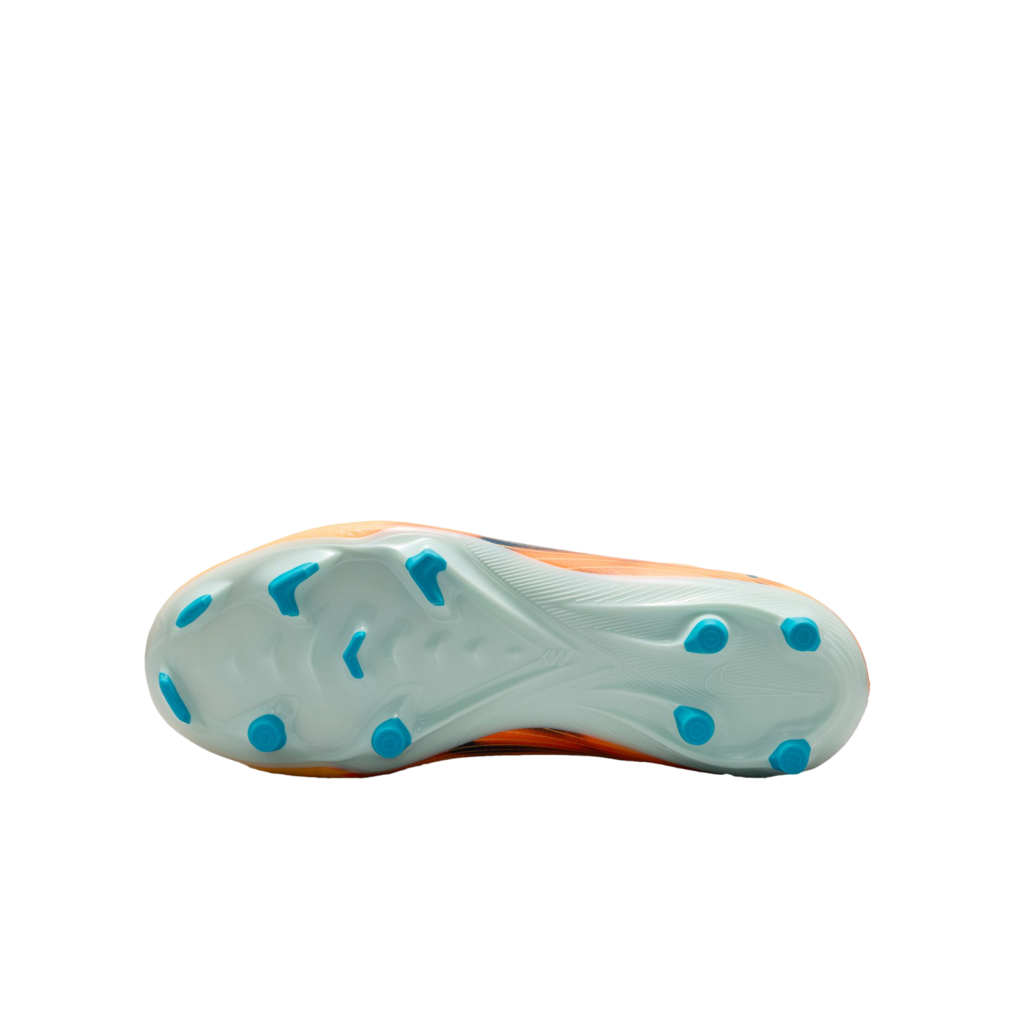 The underside of an orange Nike soccer cleat, featuring a light blue soleplate with bright blue studs against a black background.