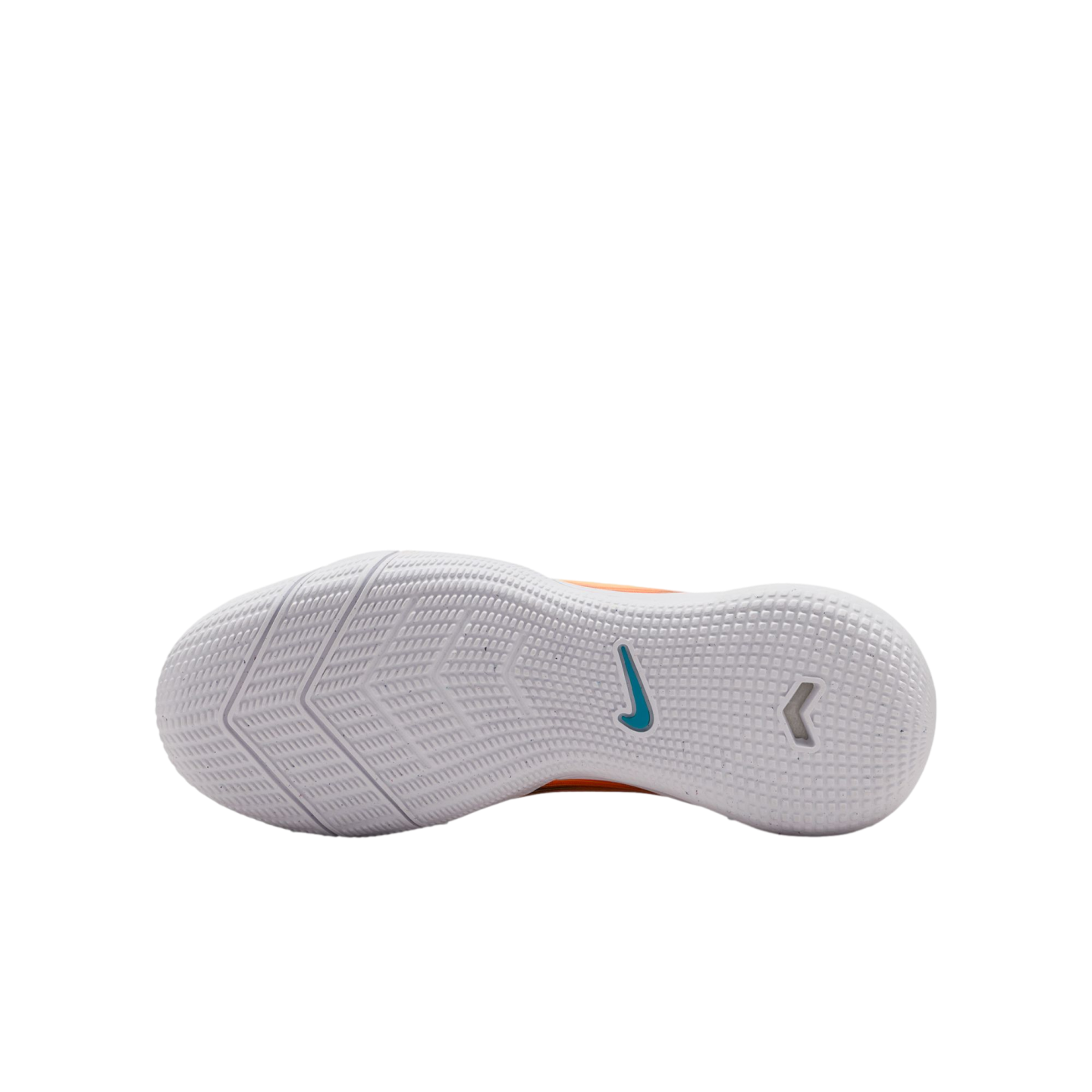 Bottom view of a white Nike shoe featuring a textured outsole with a teal swoosh logo and orange accents, set against a black background.