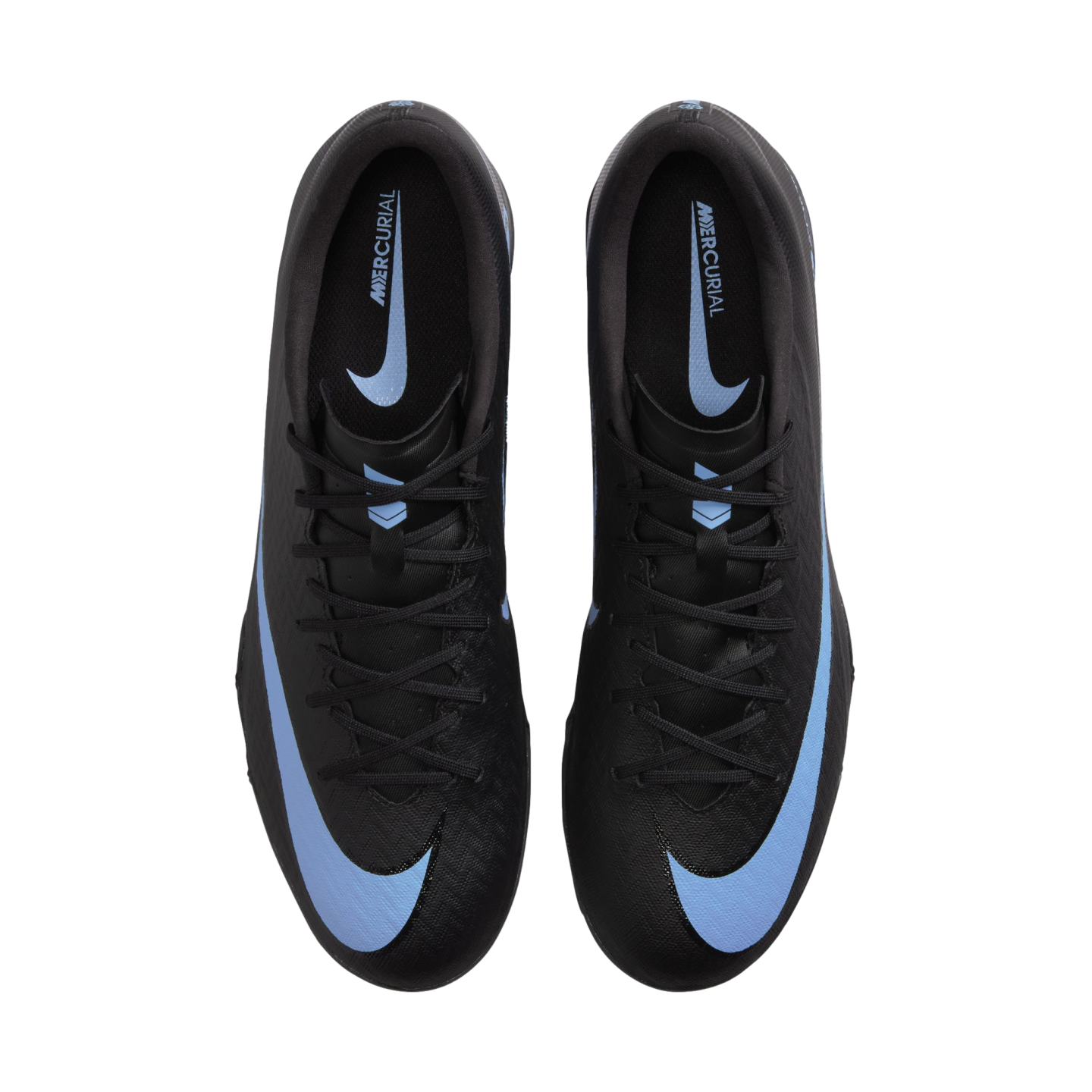 Top-down view of black Nike Mercurial soccer cleats with light blue swoosh logos and branding, set against a plain black background.