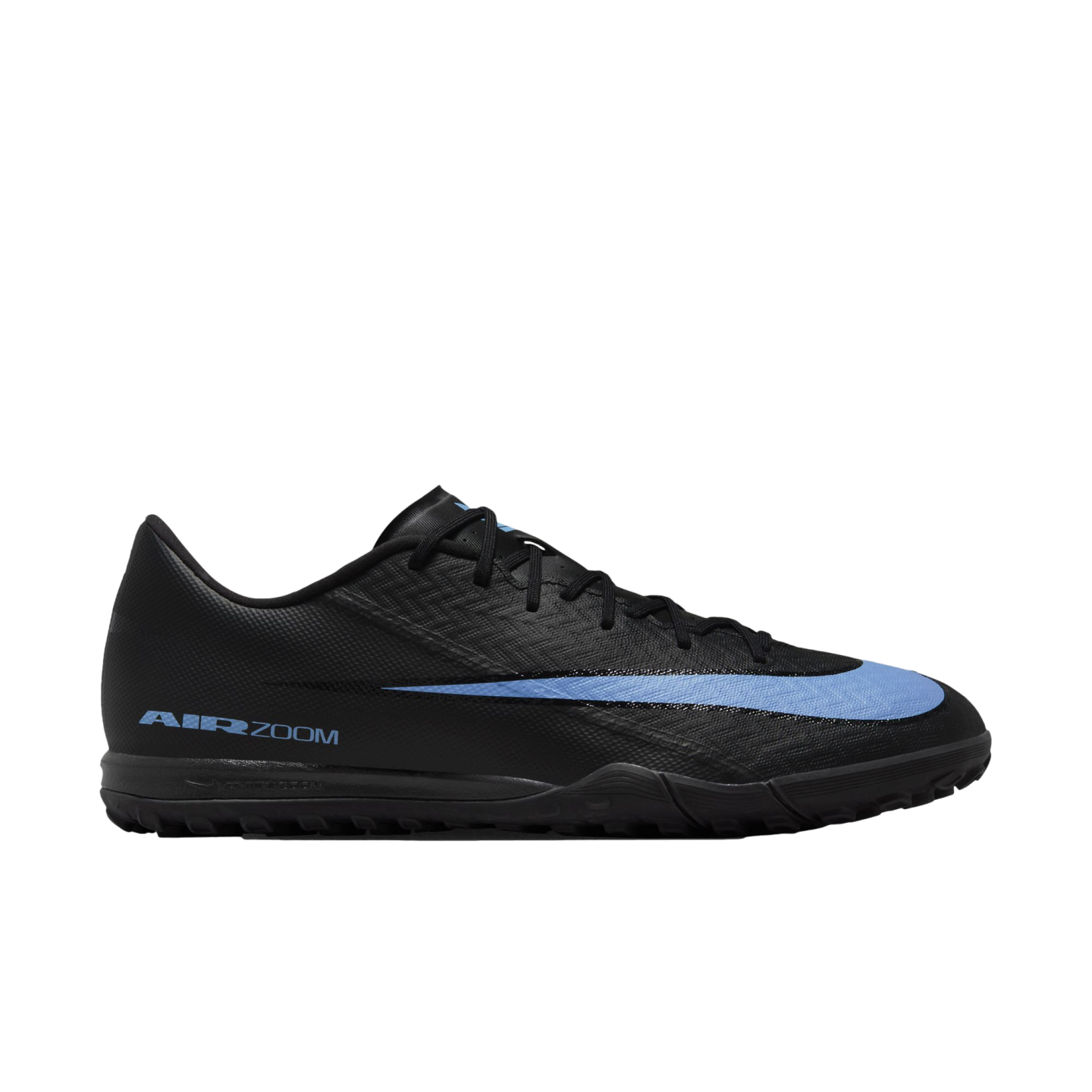 Profile view of a black Nike turf soccer shoe with a light blue swoosh and "AIR ZOOM" branding on the side.