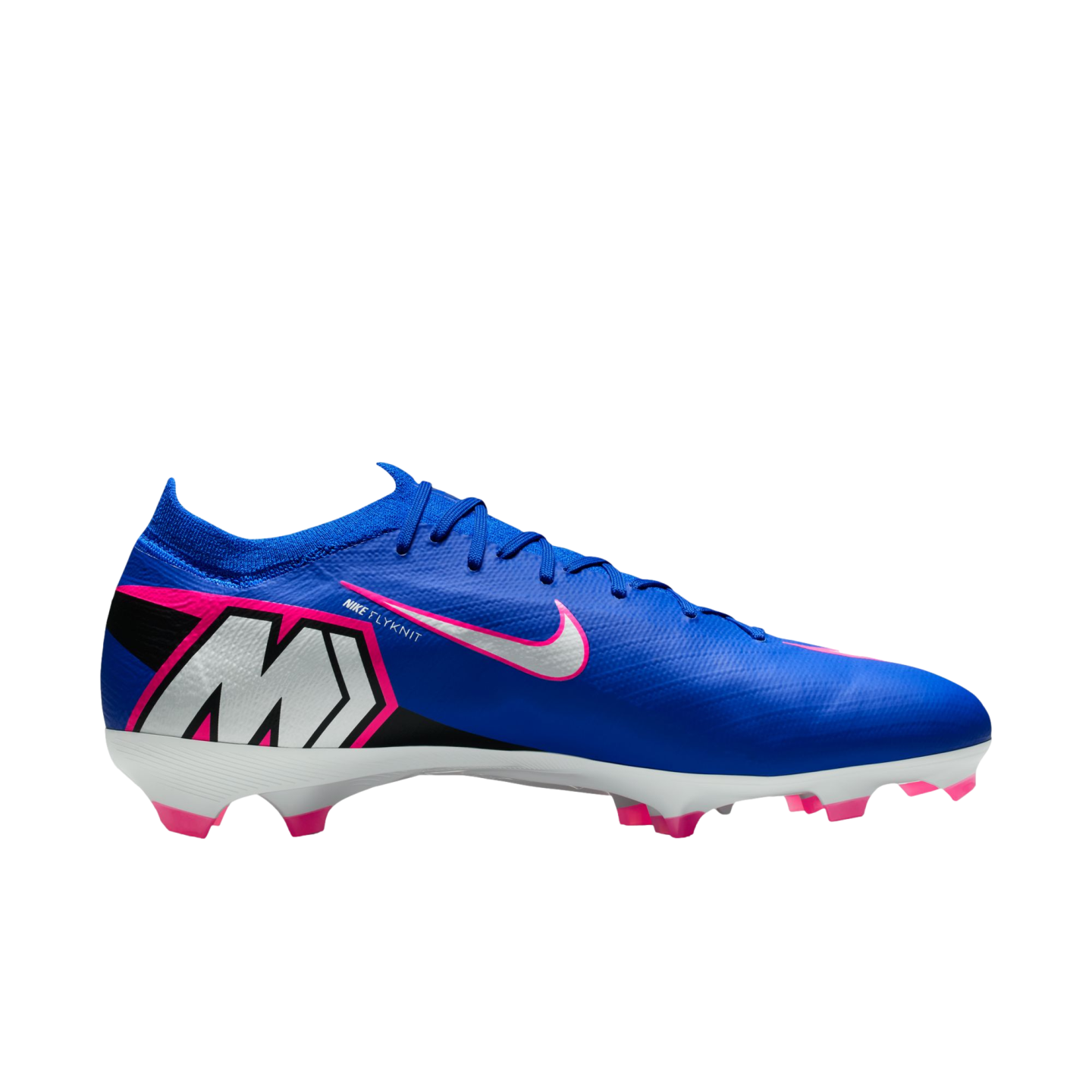 Profile view of a blue Nike Mercurial soccer cleat with pink and silver accents, a white soleplate, and pink studs.