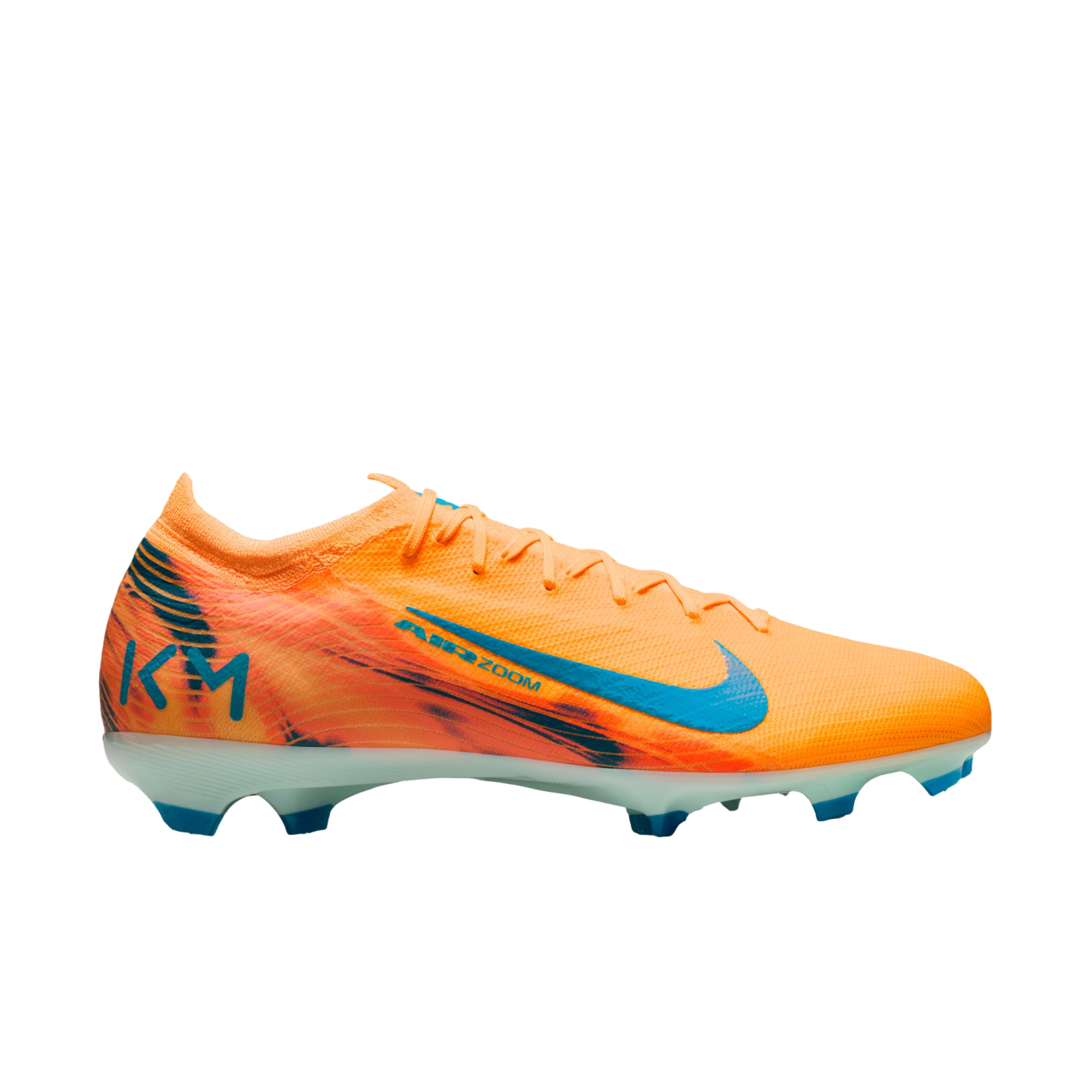 A Nike Mercurial Air Zoom KM soccer cleat in bright orange with blue accents and "KM" branding on the heel, shown in profile against a solid black background.