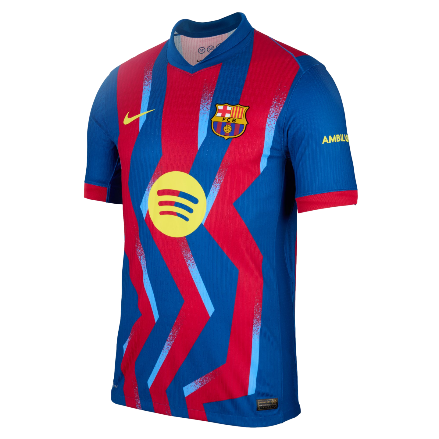 FC Barcelona soccer jersey with jagged red and blue vertical stripes, a yellow Nike swoosh, team crest, and a large yellow Spotify sponsor logo in the center.