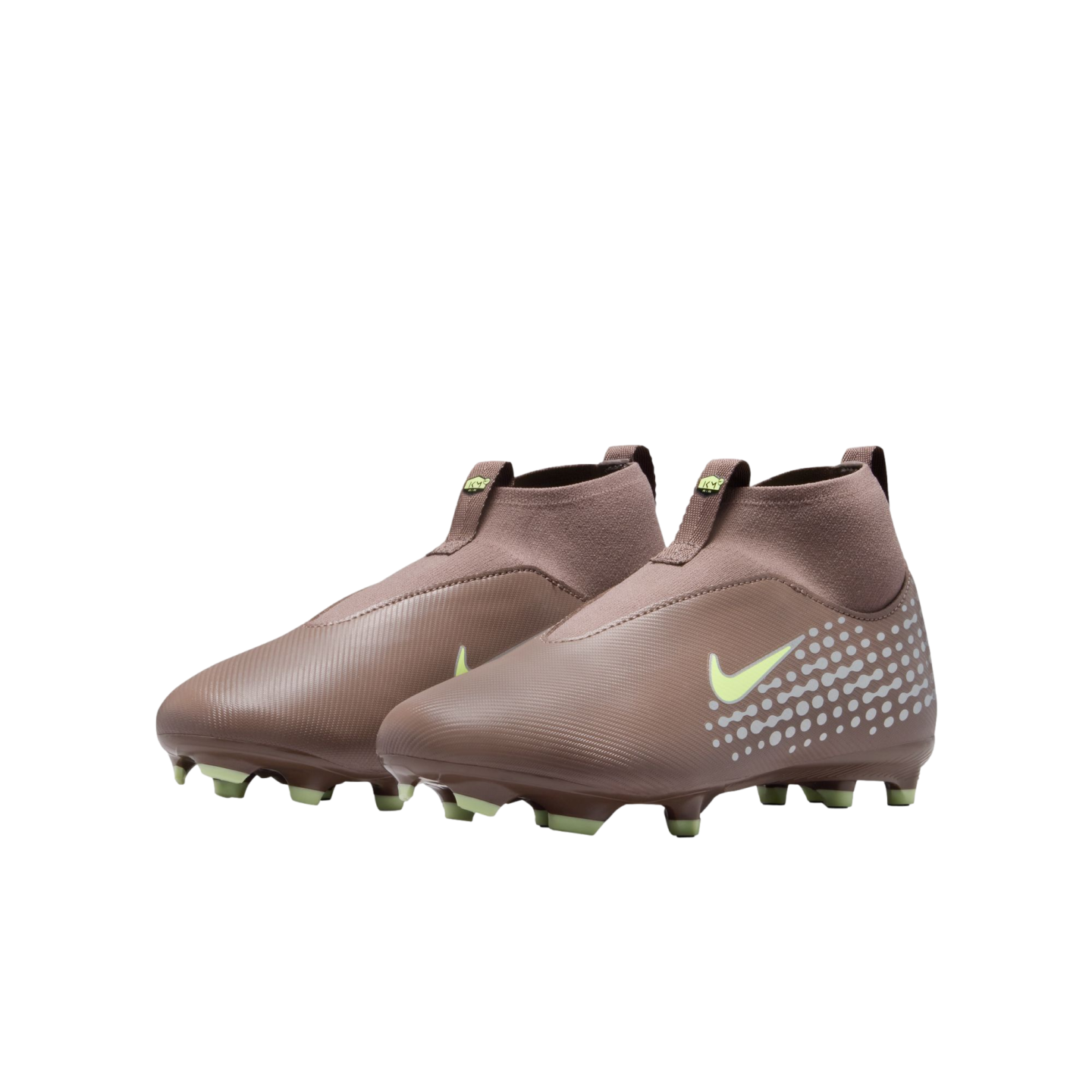 A pair of brown and neon green laceless Nike soccer boots with high-top sock collars against a black background.