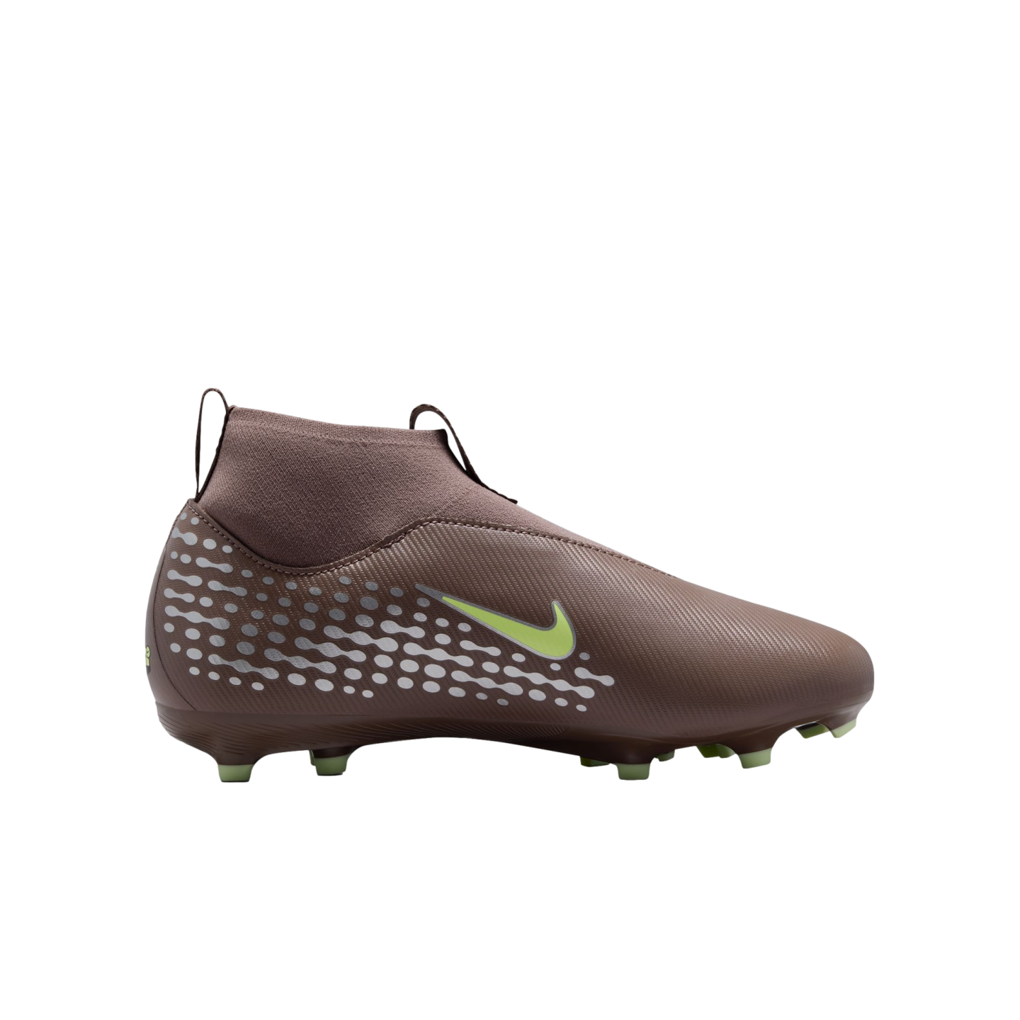 Side view of a brown laceless Nike soccer cleat with a high-top collar, light green swoosh, and white dot patterns on the heel.