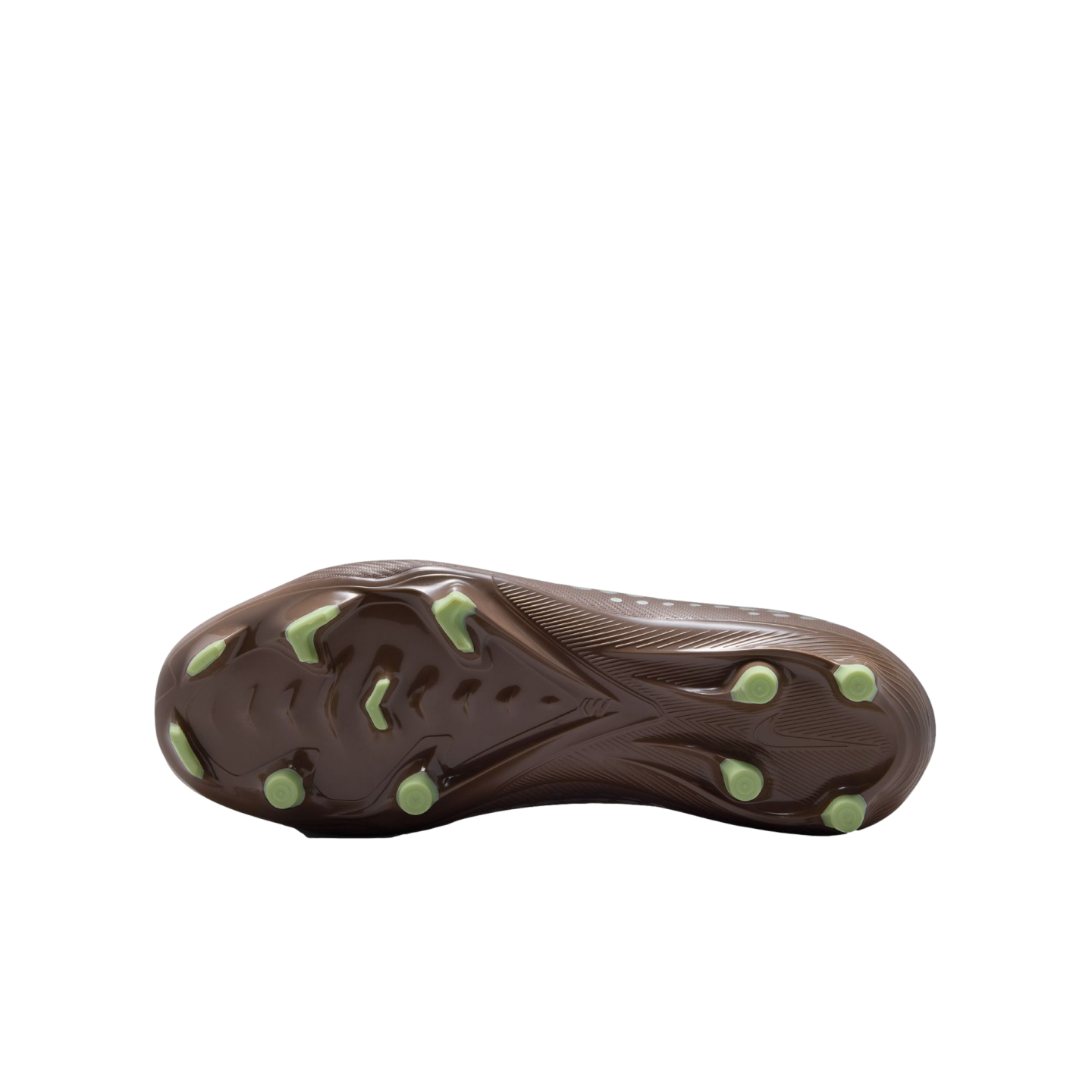 Underside of a brown soccer cleat showing lime green studs against a black background.