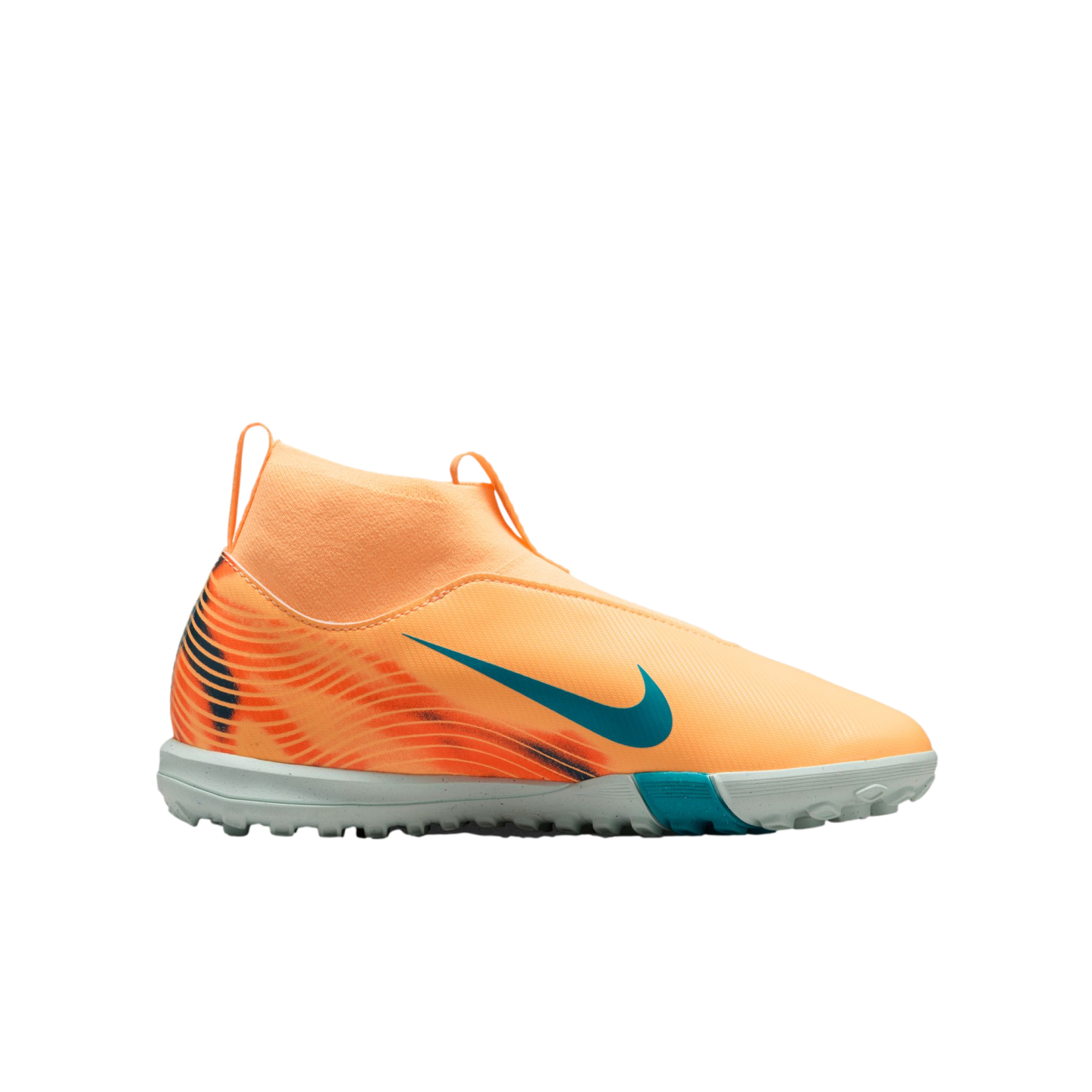 Peach Nike laceless turf soccer shoe with teal accents and a high-top sock-like collar, shown against a solid black background.