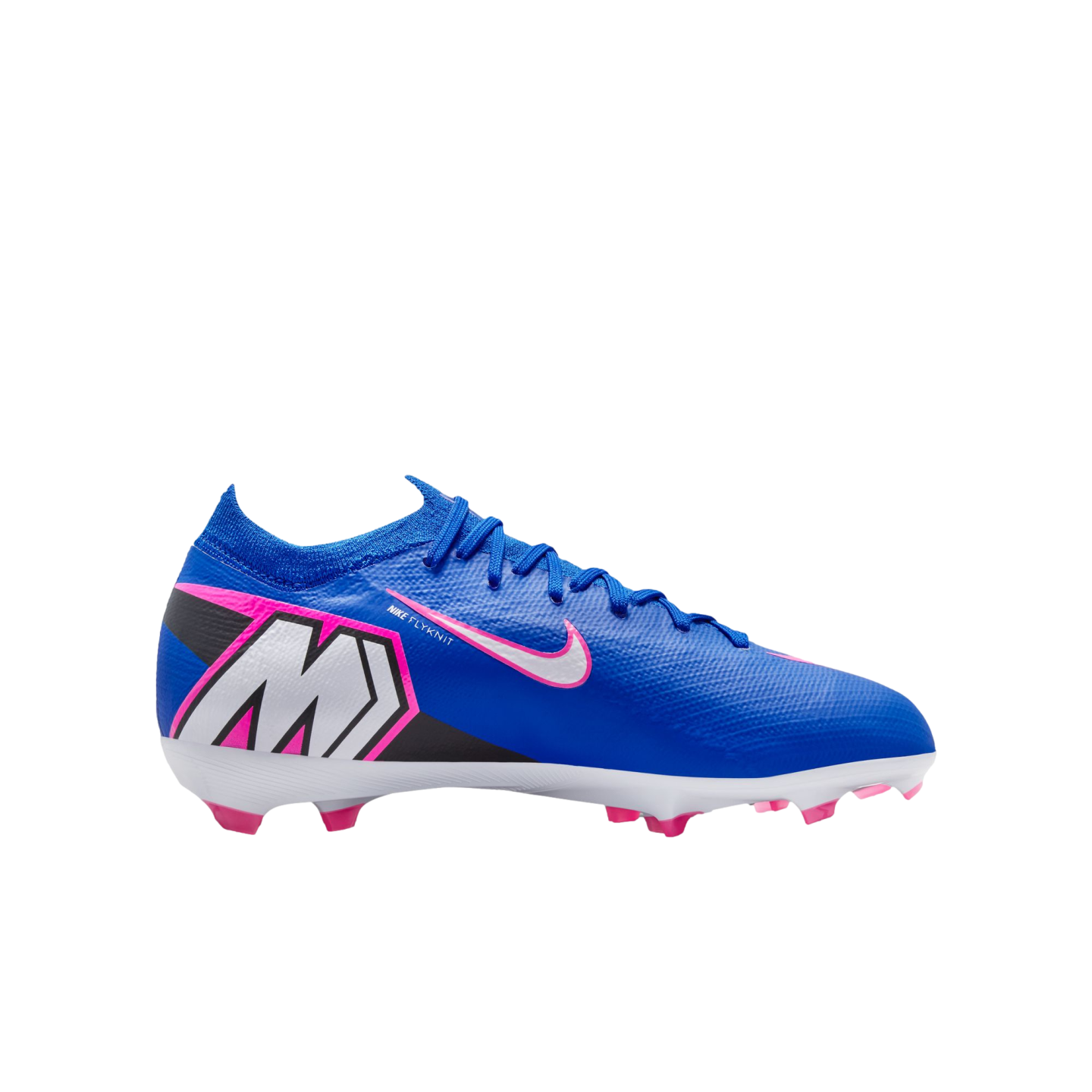 Blue Nike soccer cleat with pink and white accents, a large "M" logo on the heel, and pink studs against a black background.