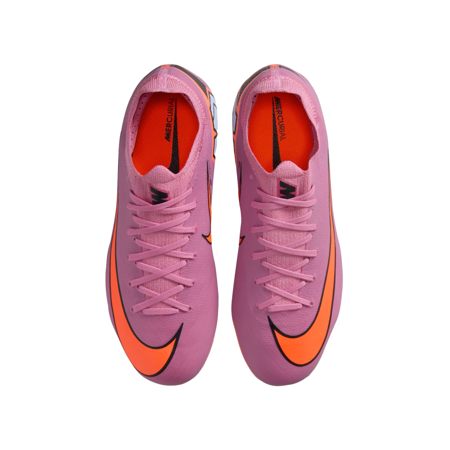 Top-down view of a pair of pink Nike Mercurial soccer cleats with bright orange swooshes on a black background.