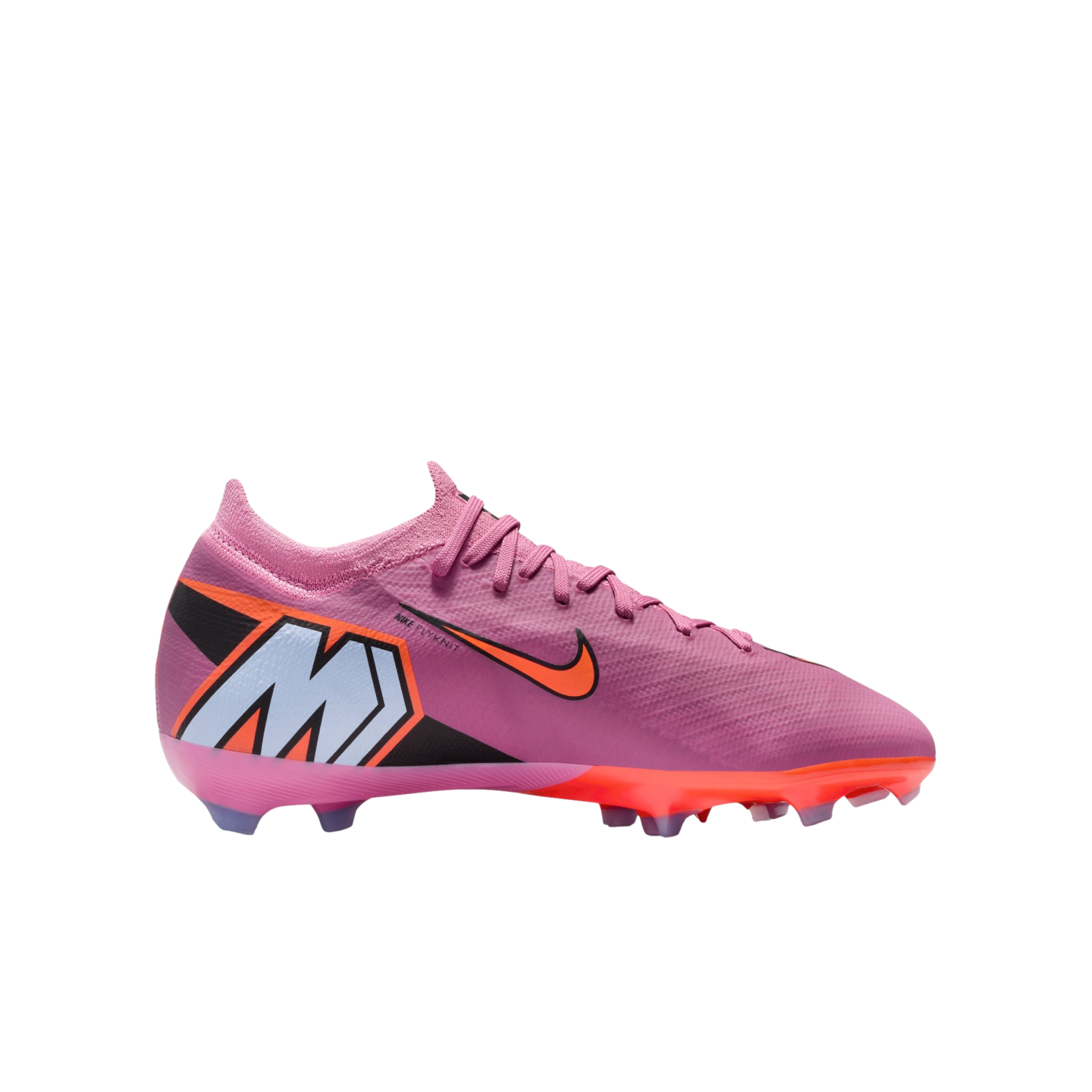 A pink Nike soccer cleat with an orange swoosh and a large blue and white "M" logo on the heel, set against a black background.