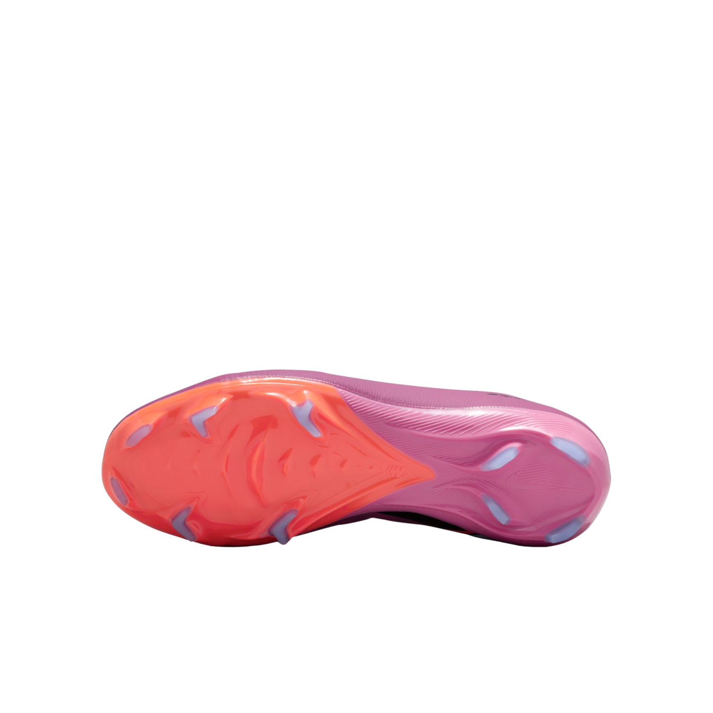 Sole view of a vibrant pink and orange soccer cleat with light blue studs, displayed against a solid black background.