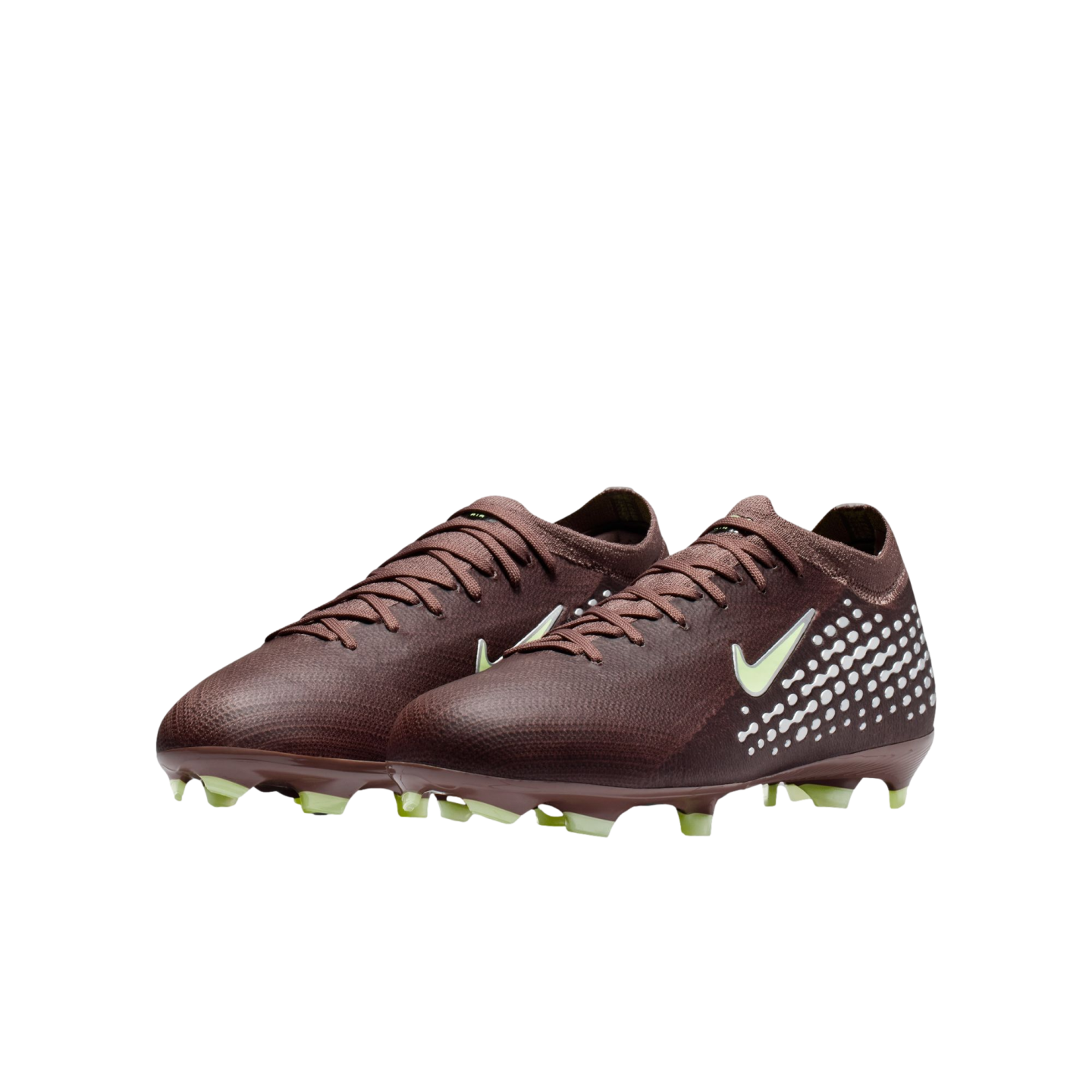 A pair of maroon Nike soccer cleats with white dots on the heel, a pale green swoosh, and matching studs, displayed against a black background.