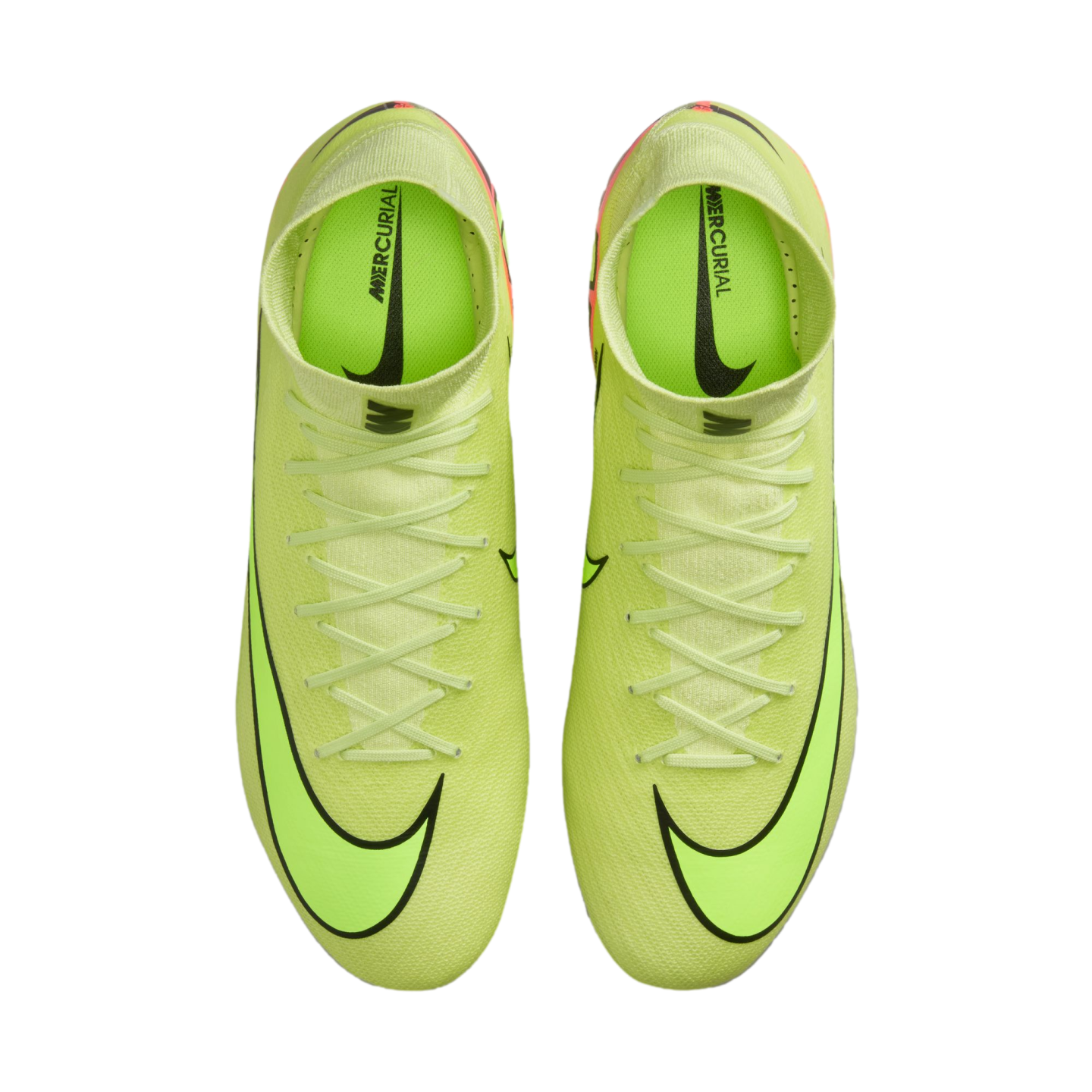 Top-down view of a pair of neon green Nike Mercurial soccer cleats with black swooshes and high-top collars.