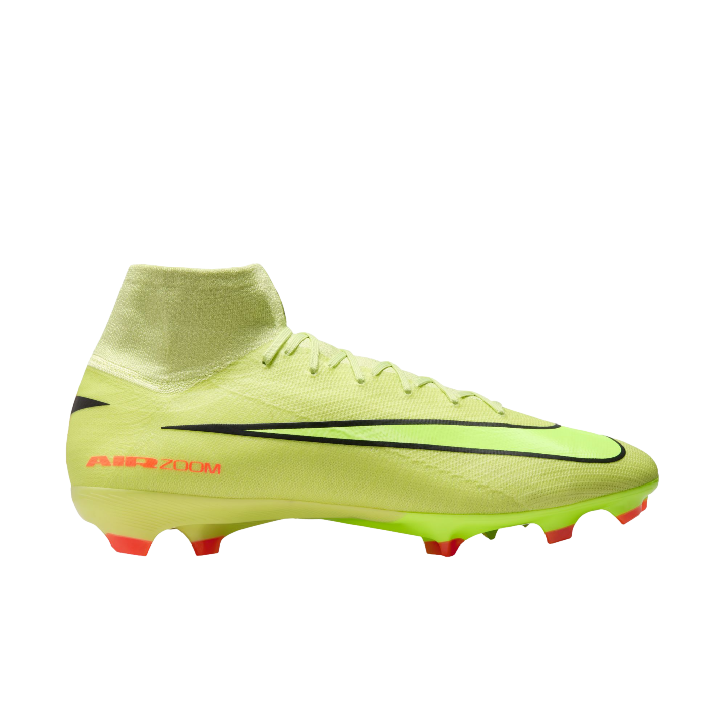 A lime green Nike soccer cleat featuring a high-top collar, a prominent black swoosh, and red "AIR ZOOM" branding on the side.