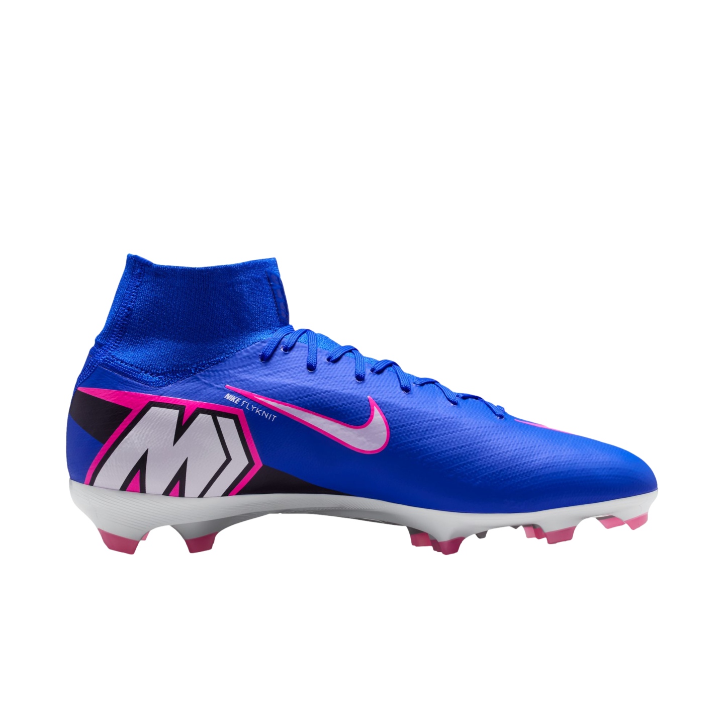 Profile of a blue Nike soccer cleat with a high-top ankle collar and pink accents, isolated on a black background.