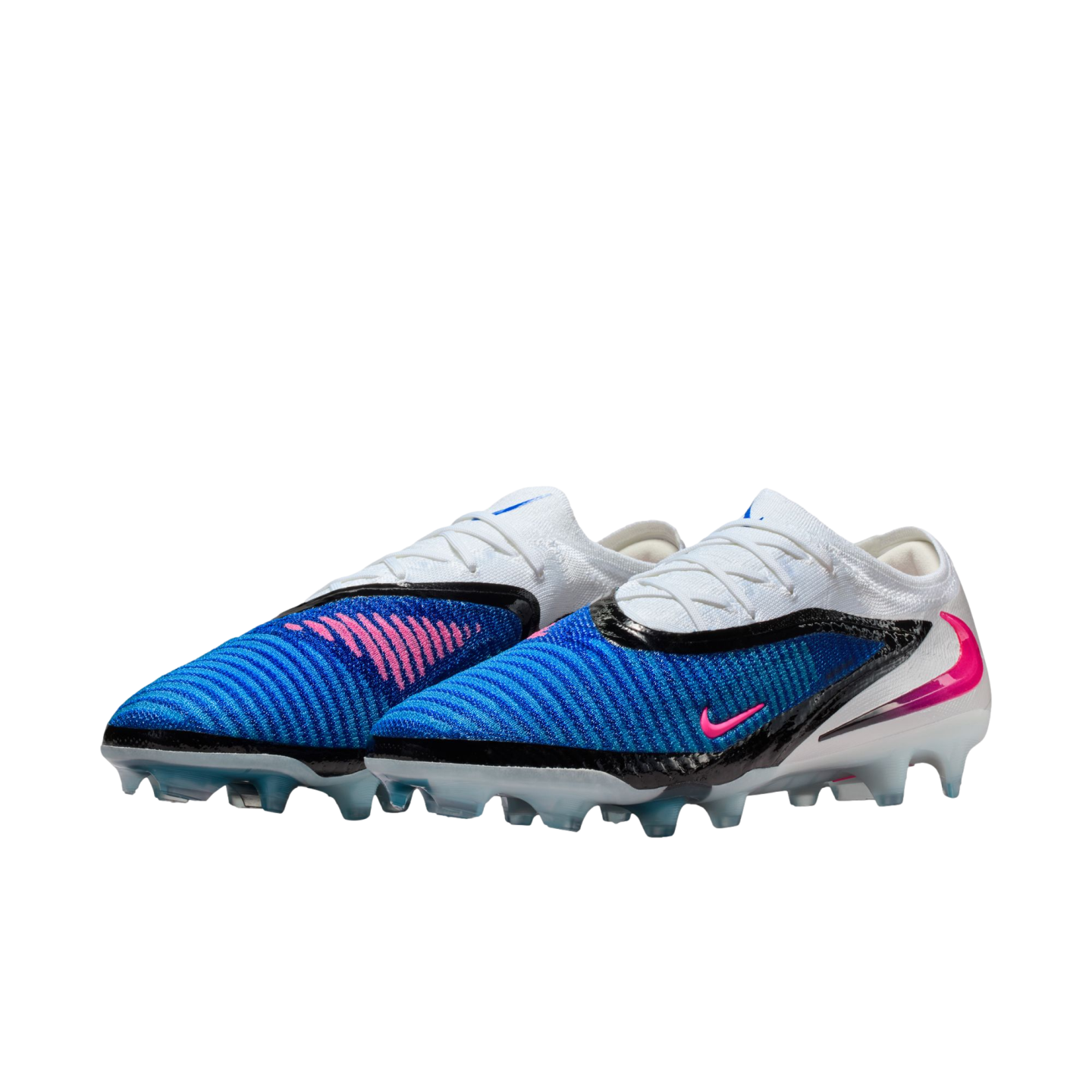 A pair of blue, white, and black Nike Phantom GX soccer cleats with pink accents on a black background.