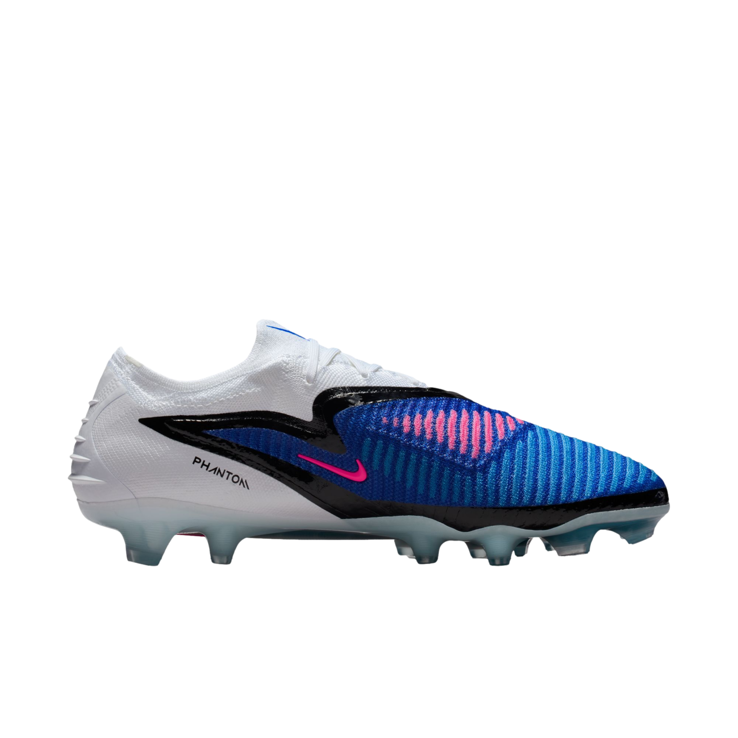 Side profile of a Nike Phantom football boot with a white heel and blue textured forefoot with pink accents, set against a black background.