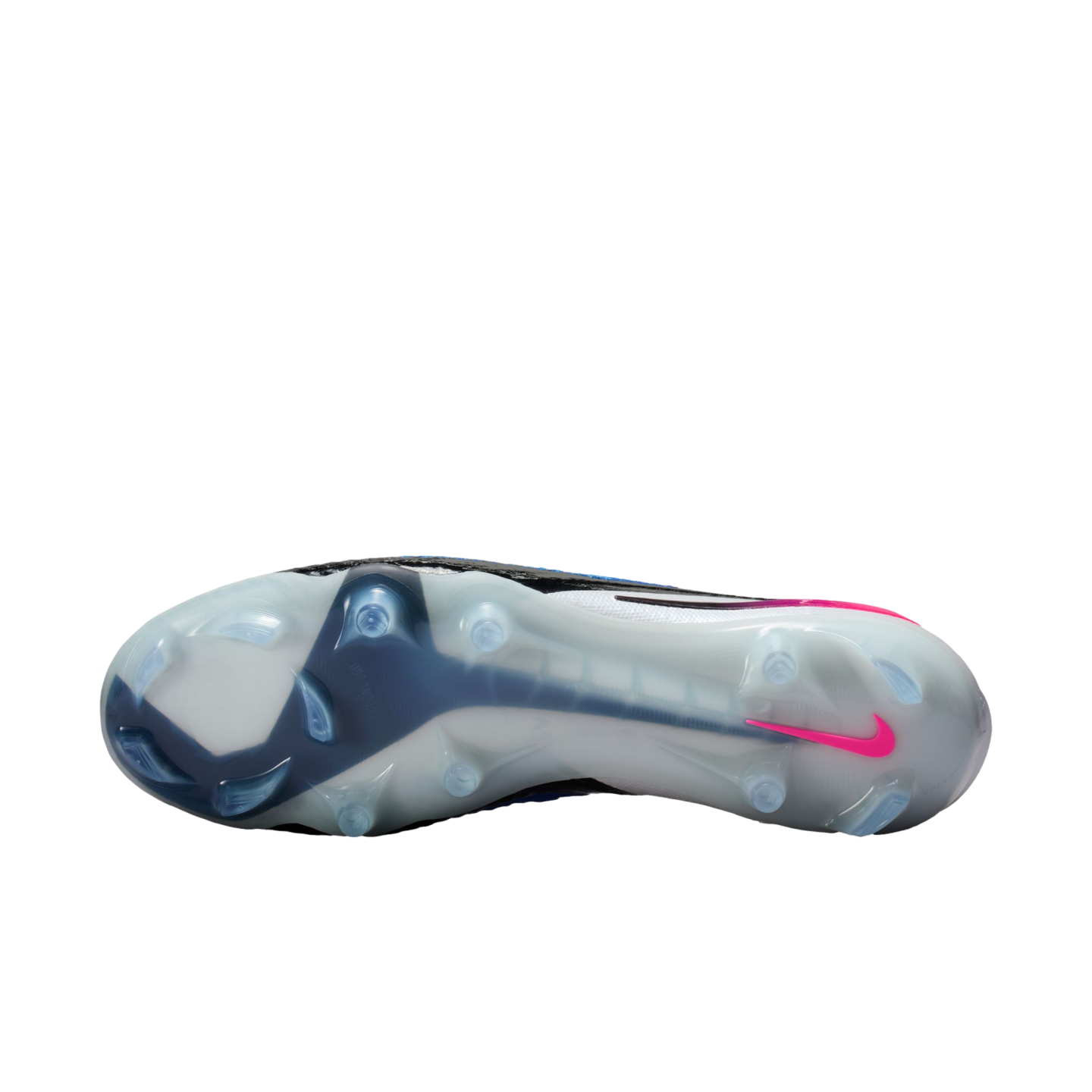 Sole of a Nike soccer cleat with clear studs, a white and blue base, and a pink swoosh against a black background.
