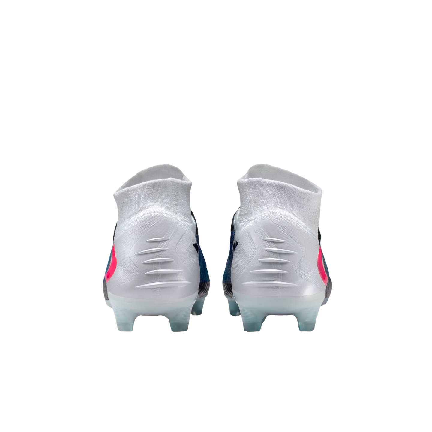 Rear view of white high-top soccer cleats with pink and blue accents and ribbed heels on a black background.