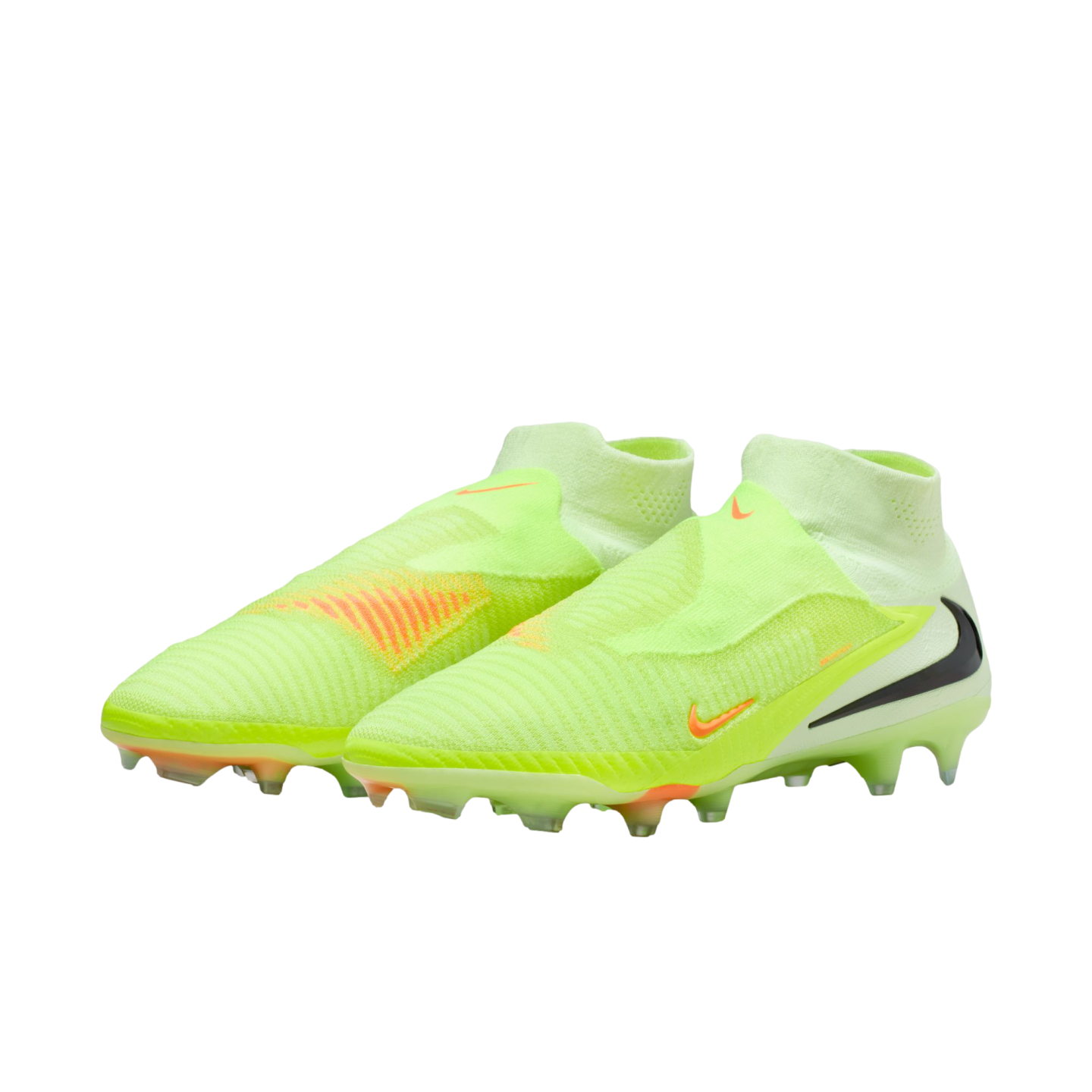 A pair of neon lime green Nike soccer cleats featuring a laceless design, black swoosh, and textured upper, set against a black background.