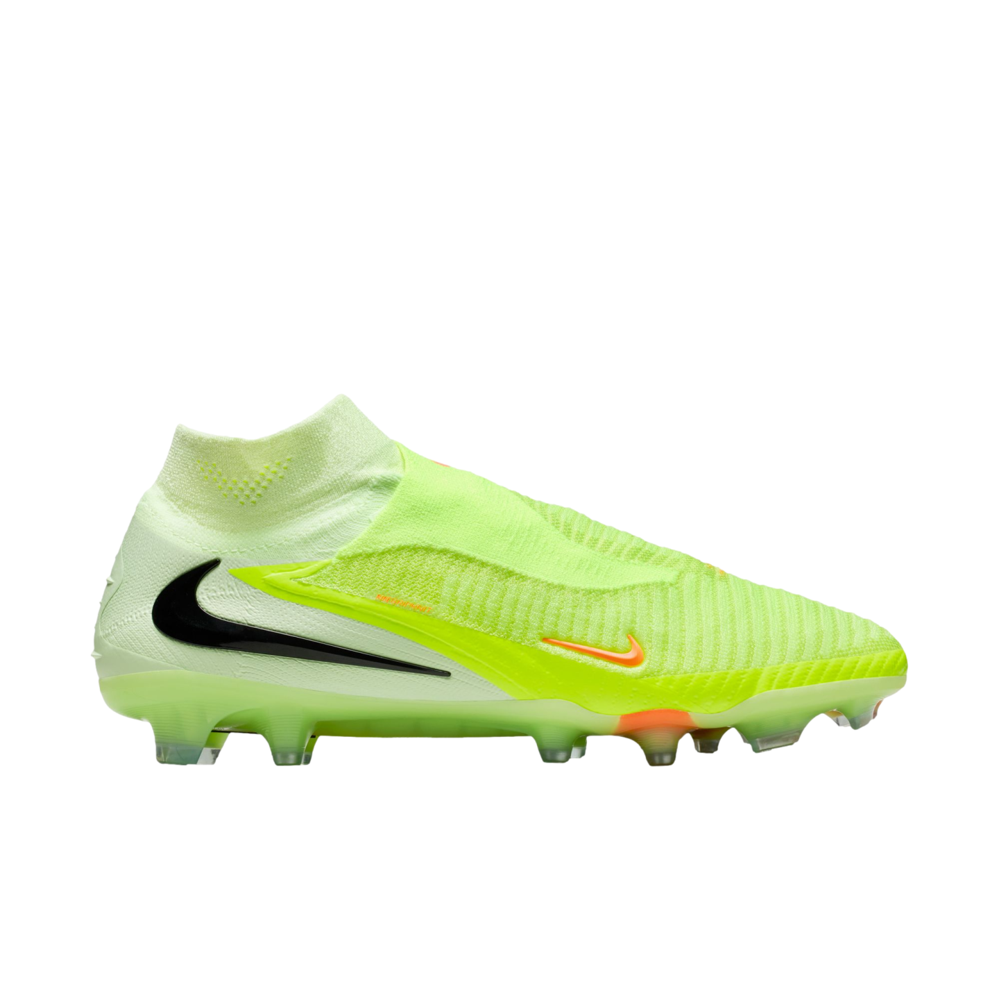 Side profile of a neon green laceless Nike soccer cleat with a black swoosh and orange accents, set against a black background.
