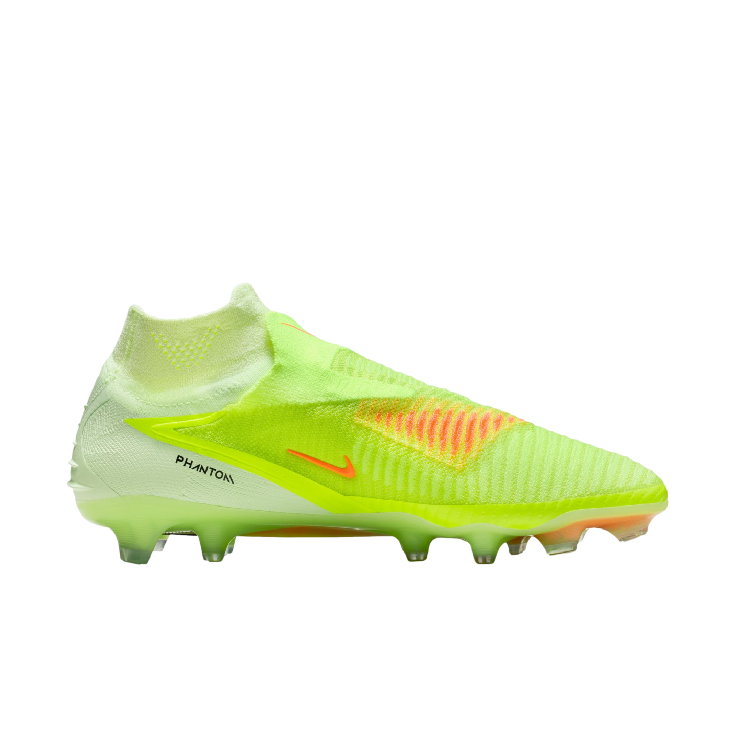 Neon yellow Nike Phantom laceless soccer boot with an orange swoosh, shown in profile against a black background.
