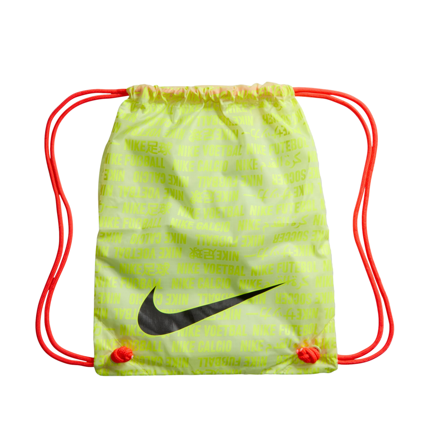 Lime green Nike drawstring bag with orange cords, a black swoosh, and a repeating multilingual soccer print on a black background.