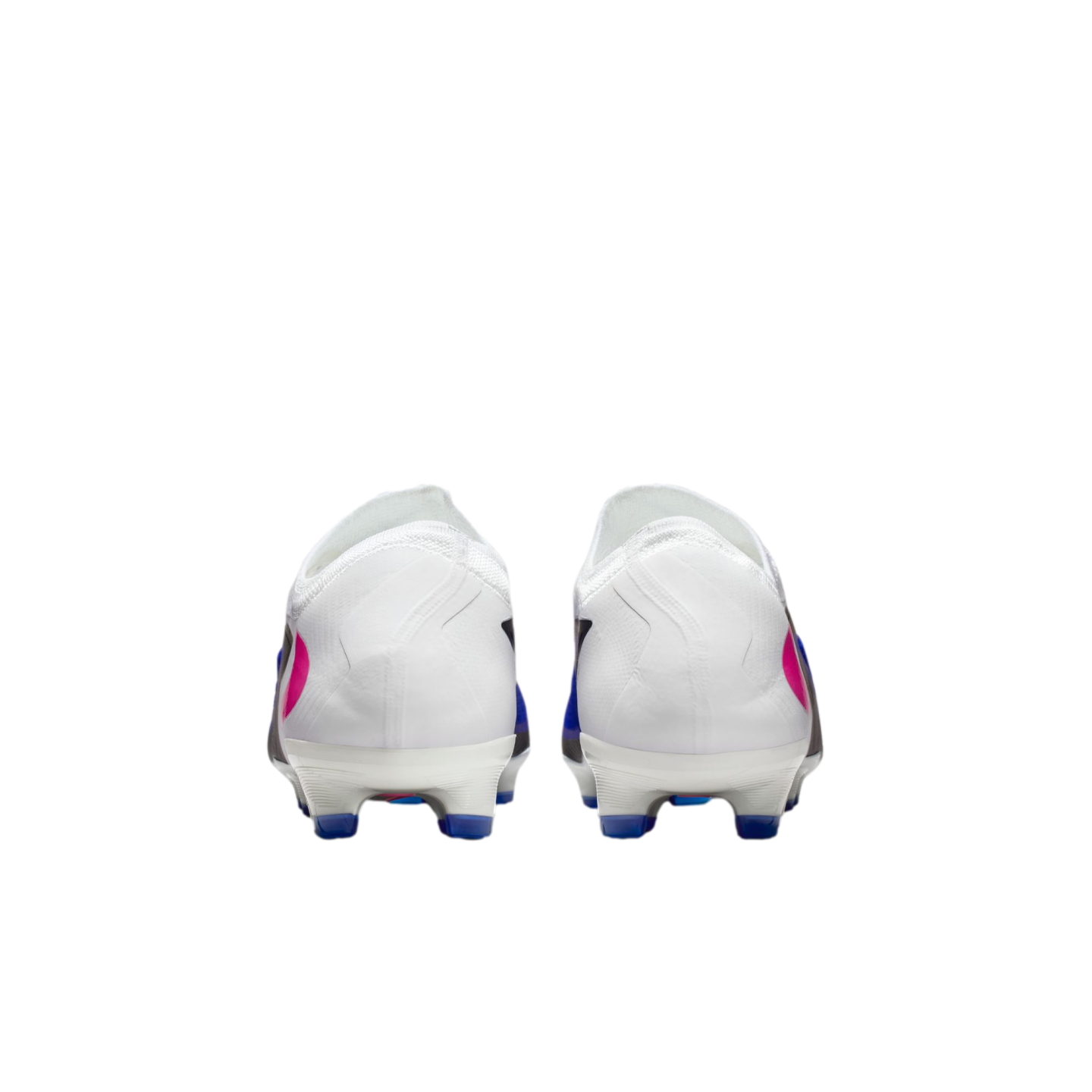 Rear view of white soccer cleats with pink and blue accents against a black background.