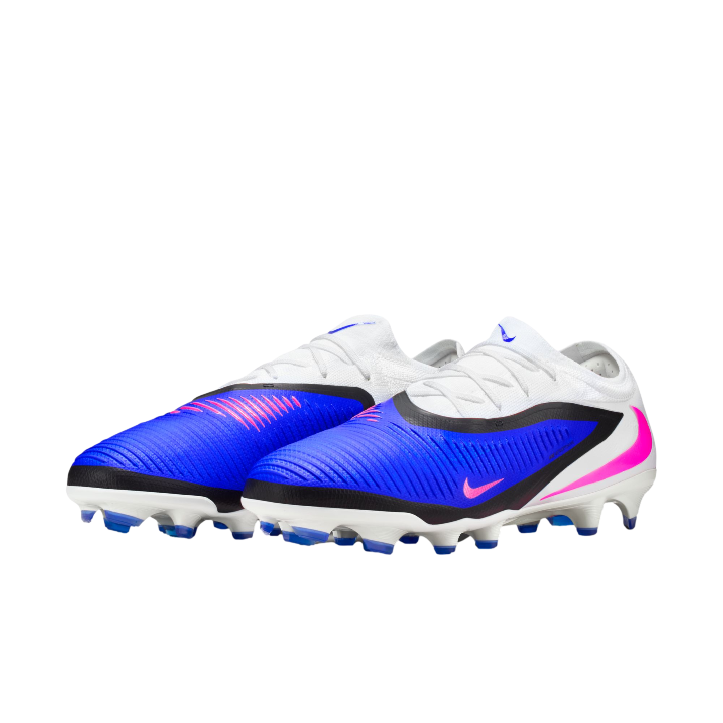 A pair of Nike soccer cleats with a white upper, vibrant blue body, and pink Nike swoosh logos set against a black background.