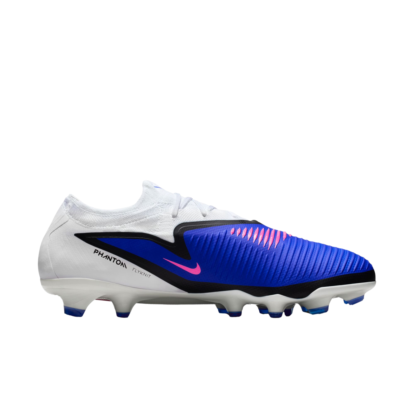 Side profile of a Nike Phantom Venom soccer cleat. The shoe features a white and blue Flyknit upper with pink accents on the swoosh and textured strike zone.