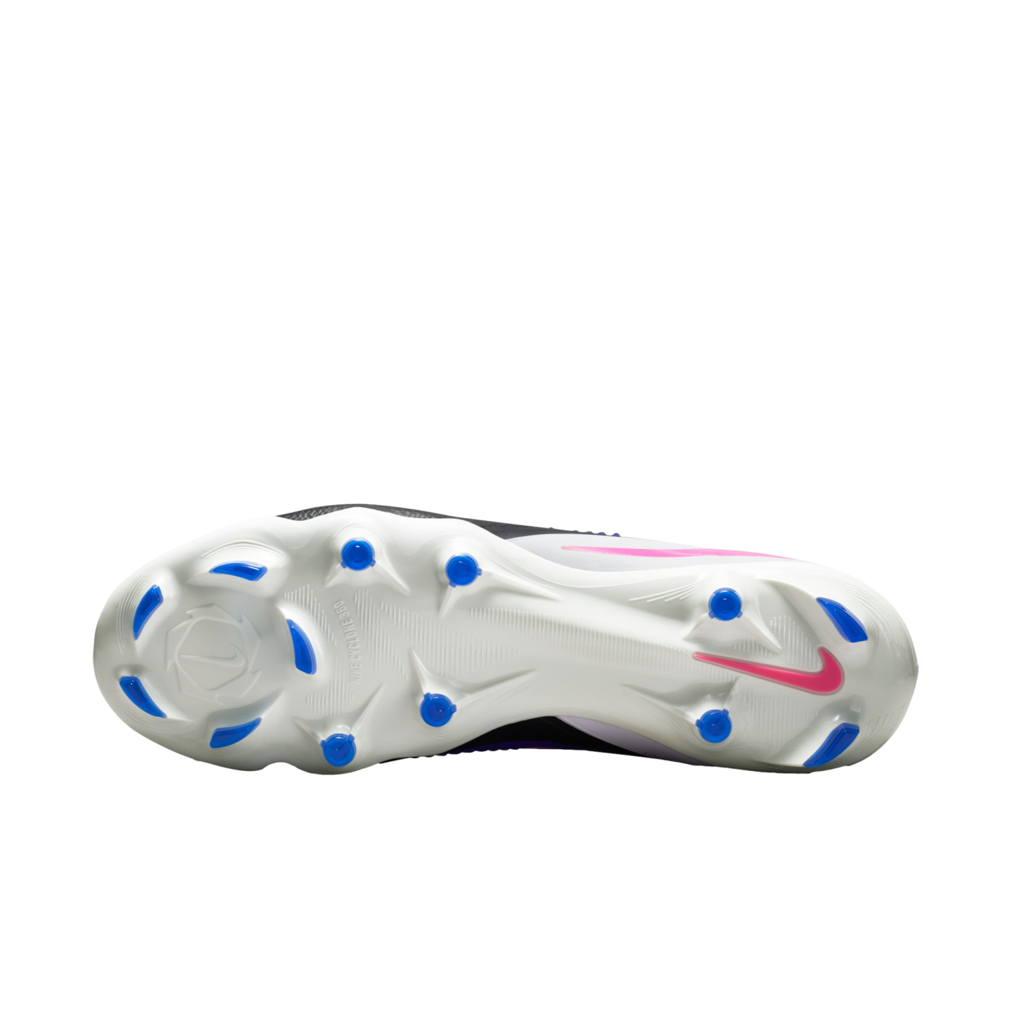 The white soleplate of a Nike soccer cleat with blue studs and a pink Nike swoosh logo, set against a black background.