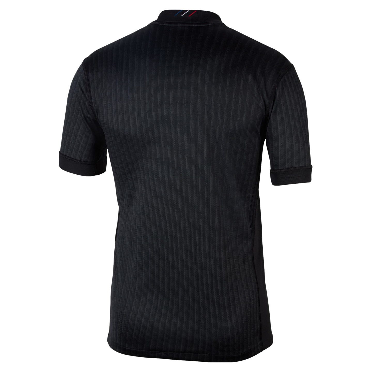 Back view of a black t-shirt with vertical textured stripes and a small tricolor detail on the back collar, isolated on a black background.